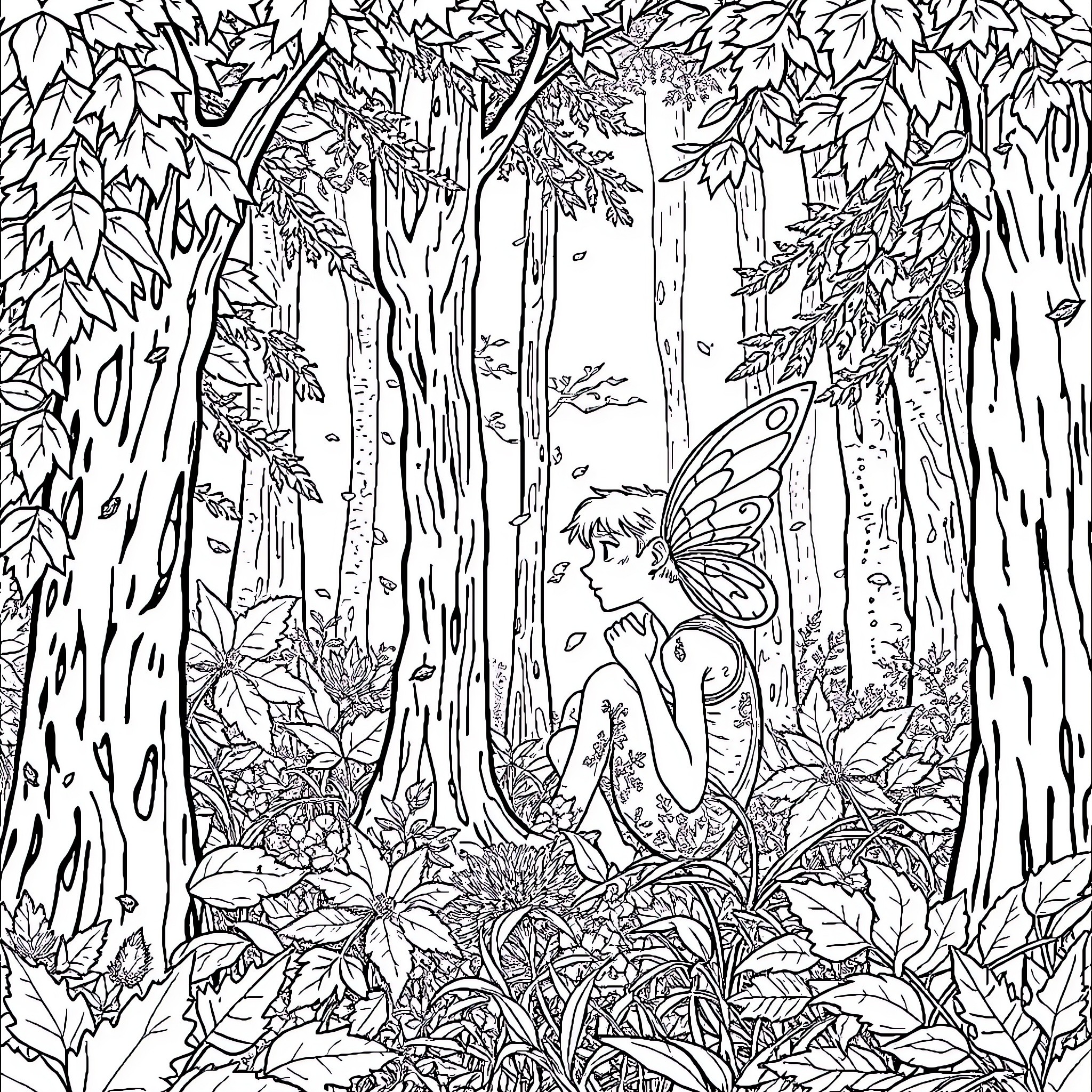 Fairy resting peacefully in enchanted forest Coloring Page (free black-and-white line drawing printable PDF for all, from beginners to advanced learners, including children, teens, adults, and seniors)