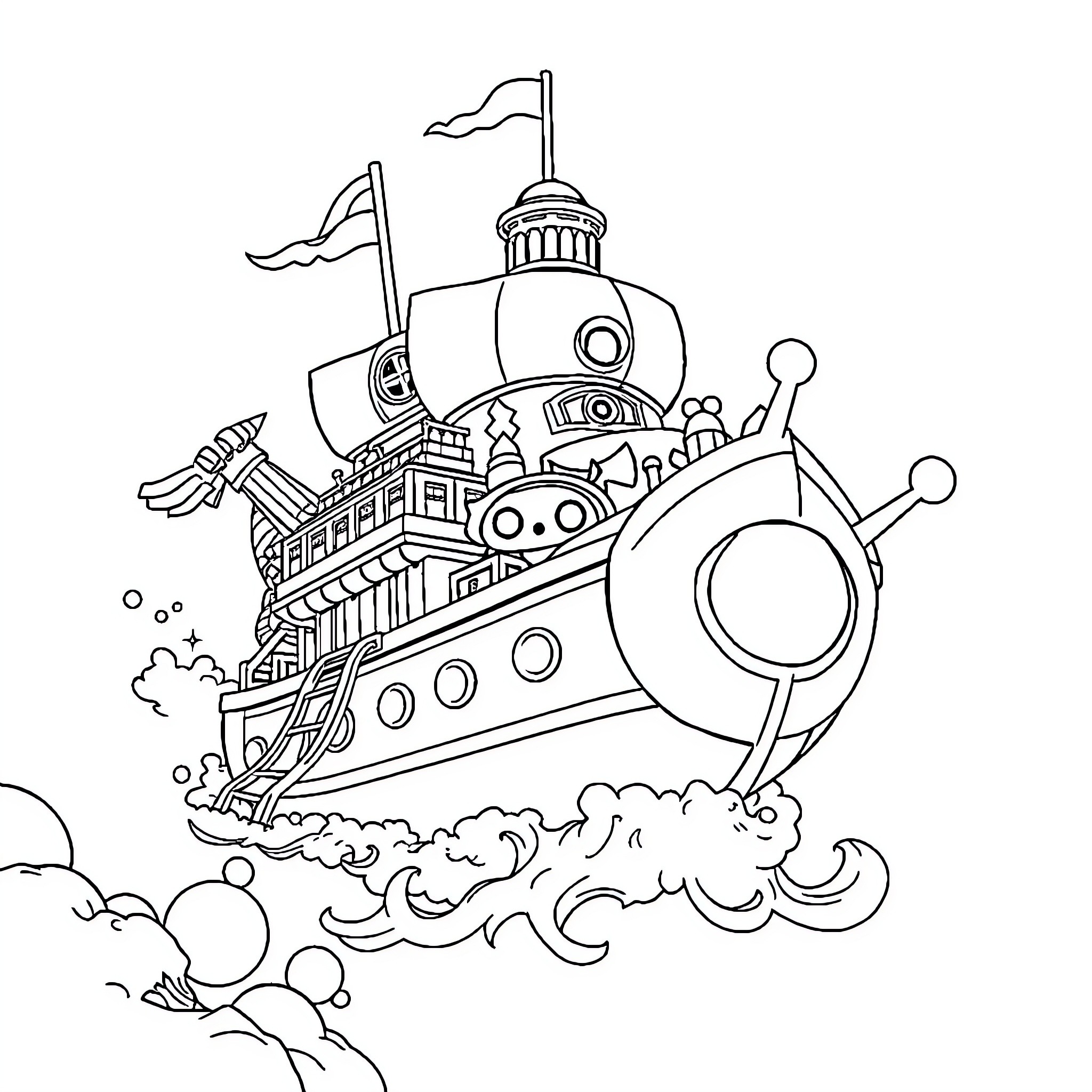 Thousand Sunny sailing on the high seas Coloring Page (free black-and-white line drawing printable PDF for all, from beginners to advanced learners, including children, teens, adults, and seniors)