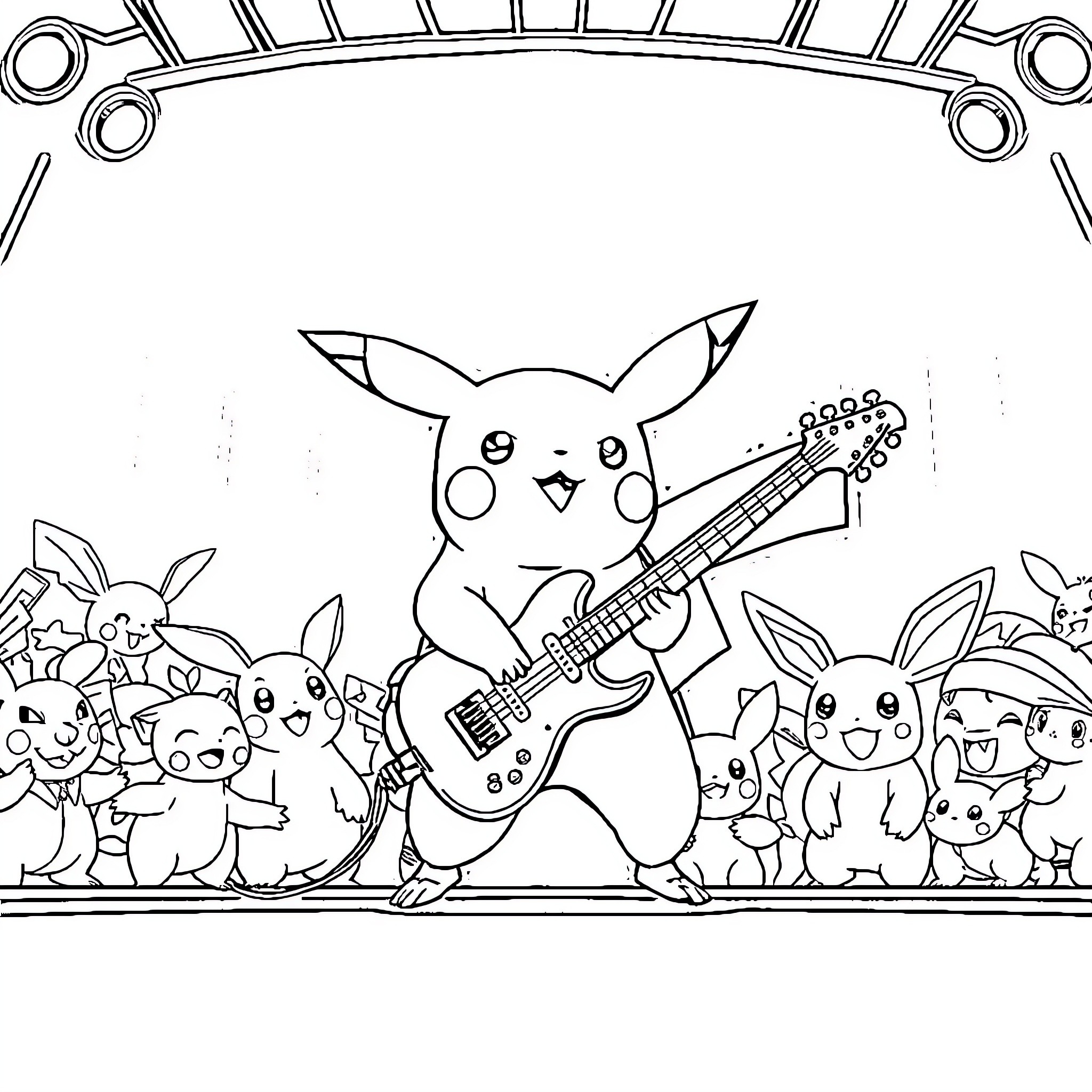 Pikachu and Pokemon friends perform on stage Coloring Page (free black-and-white line drawing printable PDF for all, from beginners to advanced learners, including children, teens, adults, and seniors)
