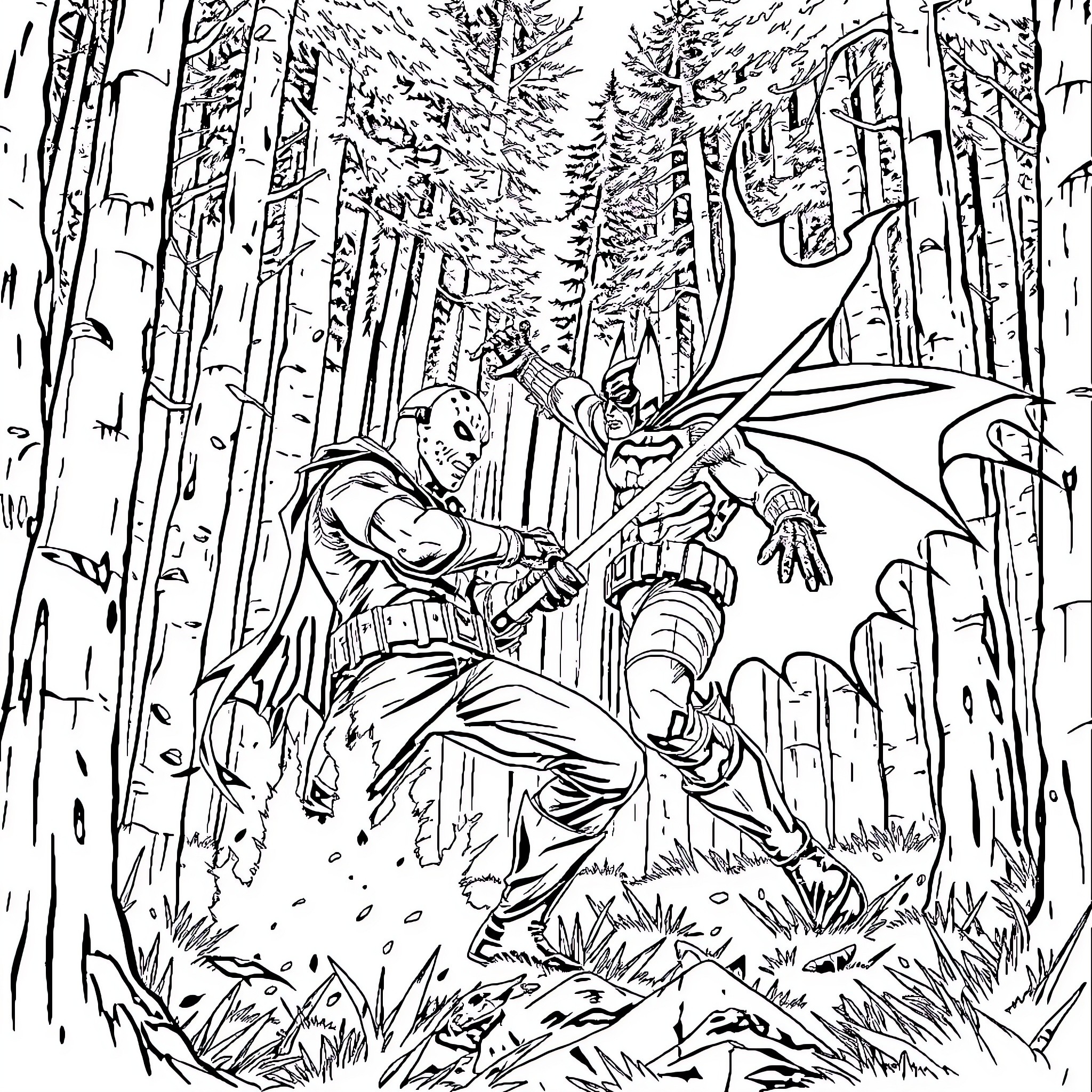 Batman battling a formidable foe in the dark forest Coloring Page (free black-and-white line drawing printable PDF for all, from beginners to advanced learners, including children, teens, adults, and seniors)
