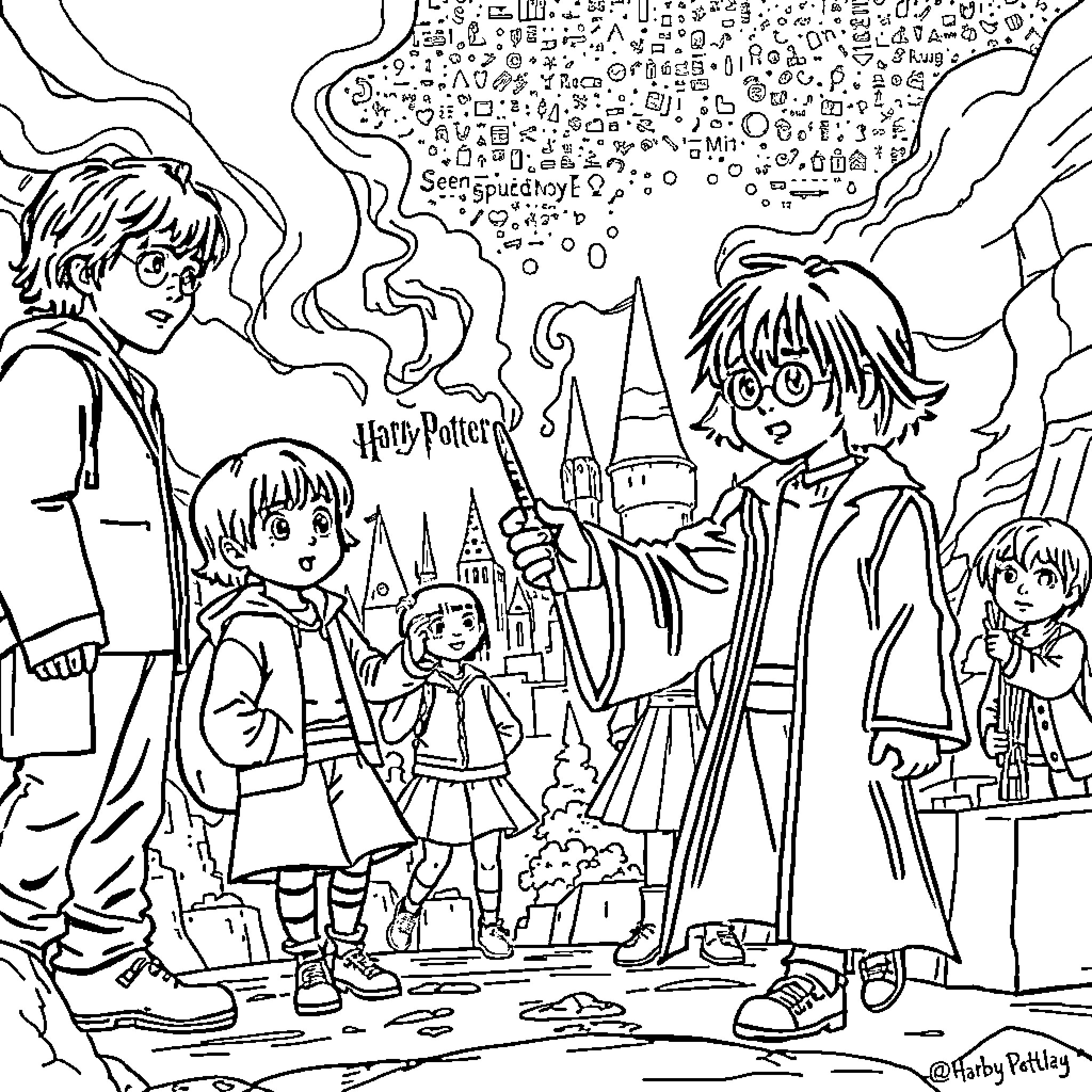 Stranger Things Characters in Magical Fantasy World Coloring Page (free black-and-white line drawing printable PDF for all, from beginners to advanced learners, including children, teens, adults, and seniors)