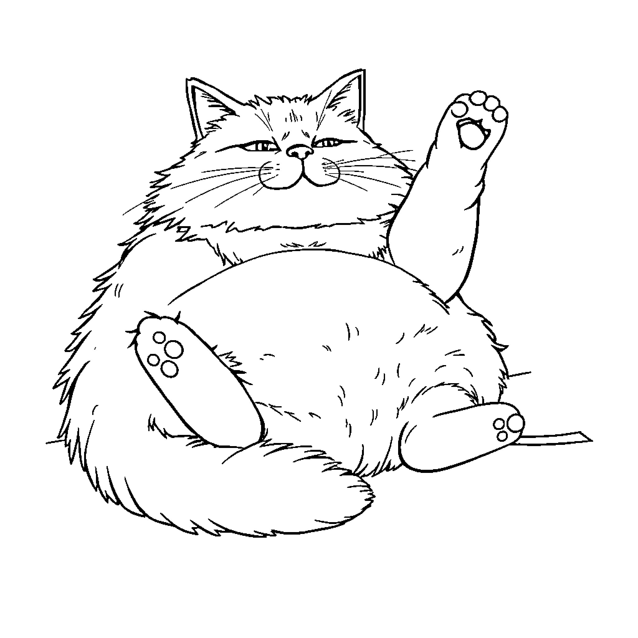 Cat resting comfortably on the ground Coloring Page (free black-and-white line drawing printable PDF for all, from beginners to advanced learners, including children, teens, adults, and seniors)