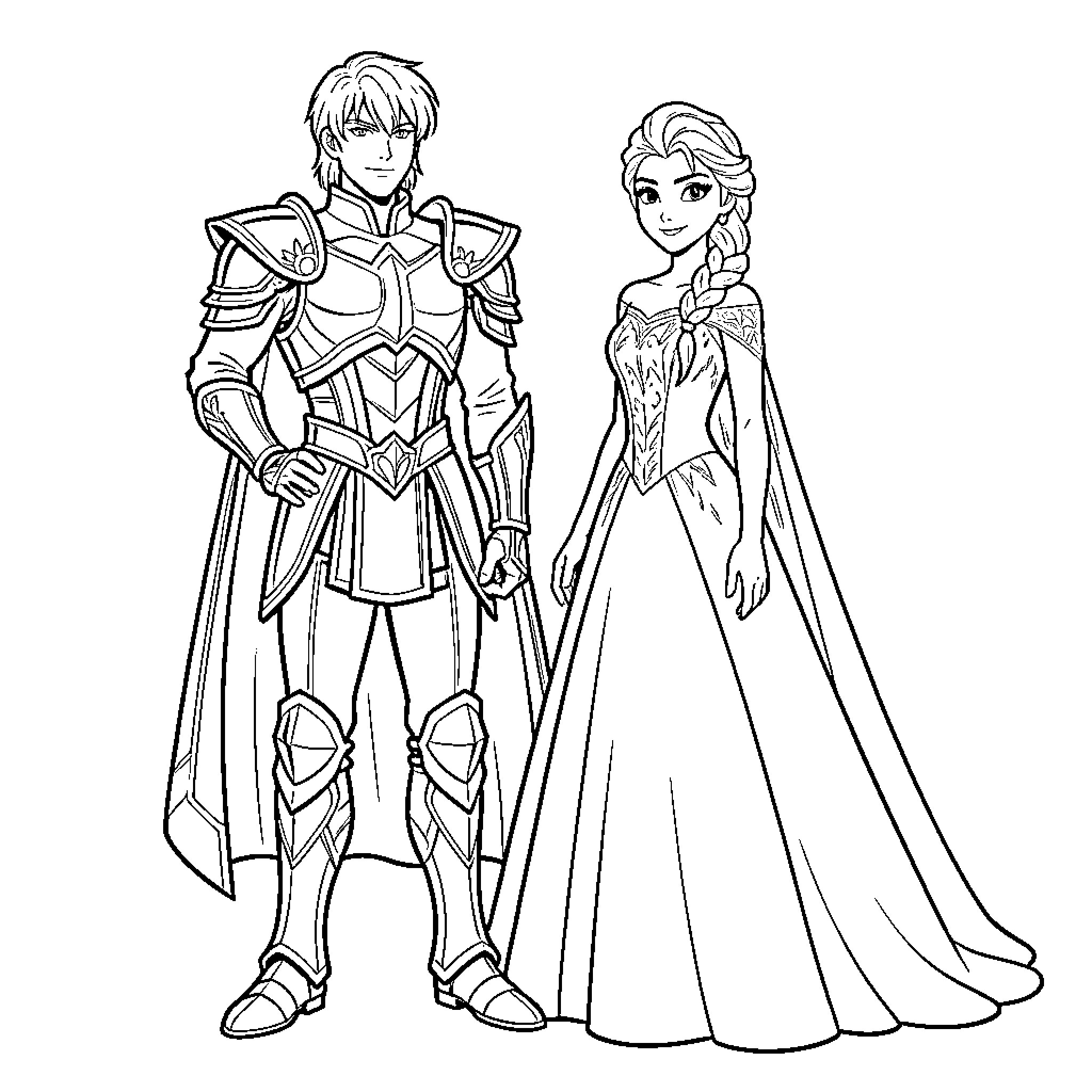 Hyoga standing alongside a princess in royal attire Coloring Page (free black-and-white line drawing printable PDF for all, from beginners to advanced learners, including children, teens, adults, and seniors)