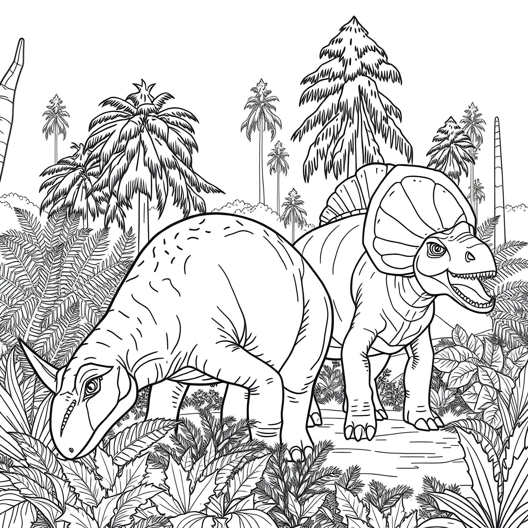 Dinosaurs roaming in a lush prehistoric landscape Coloring Page (free black-and-white line drawing printable PDF for all, from beginners to advanced learners, including children, teens, adults, and seniors)
