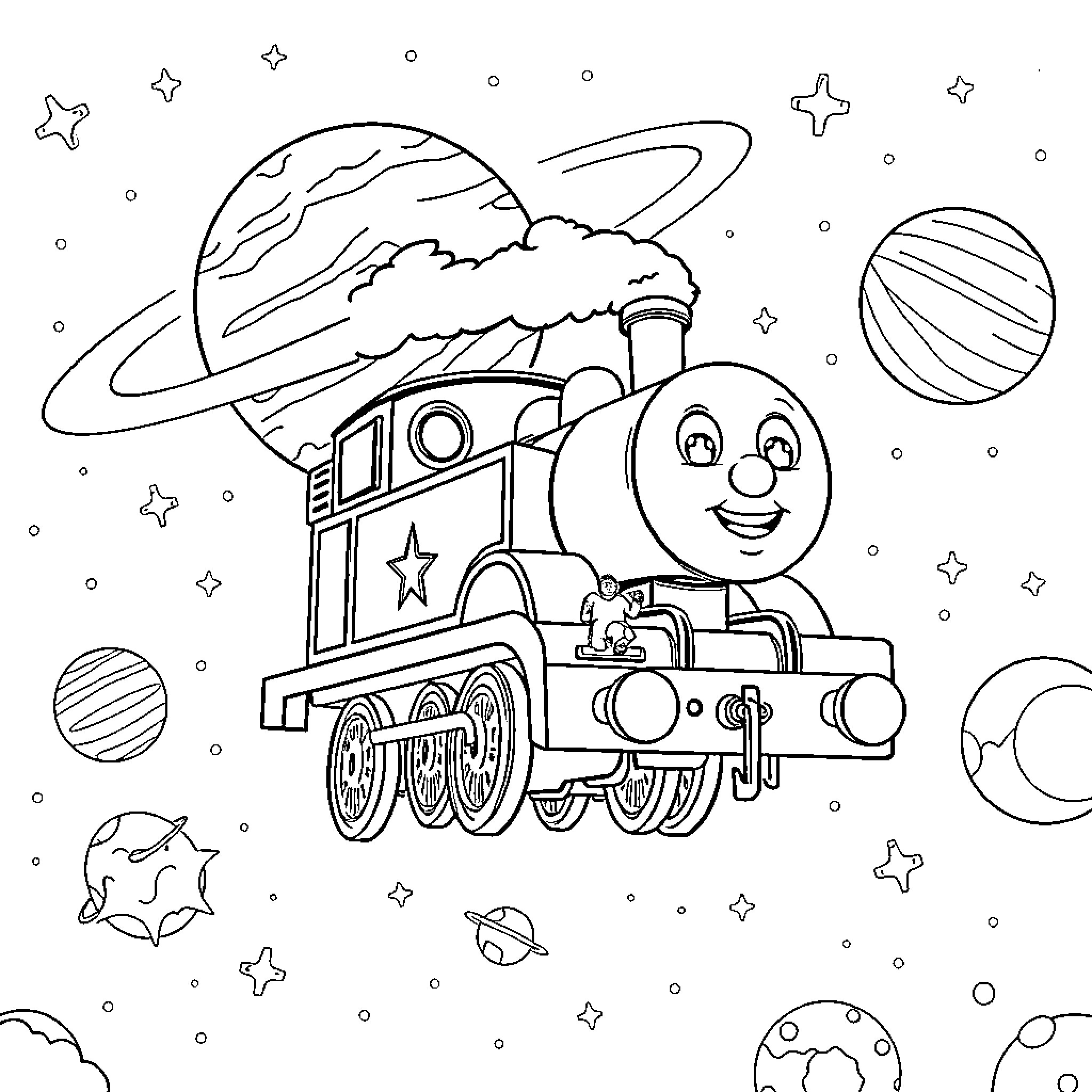 Thomas Exploring the Cosmic Railway Coloring Page (free black-and-white line drawing printable PDF for all, from beginners to advanced learners, including children, teens, adults, and seniors)