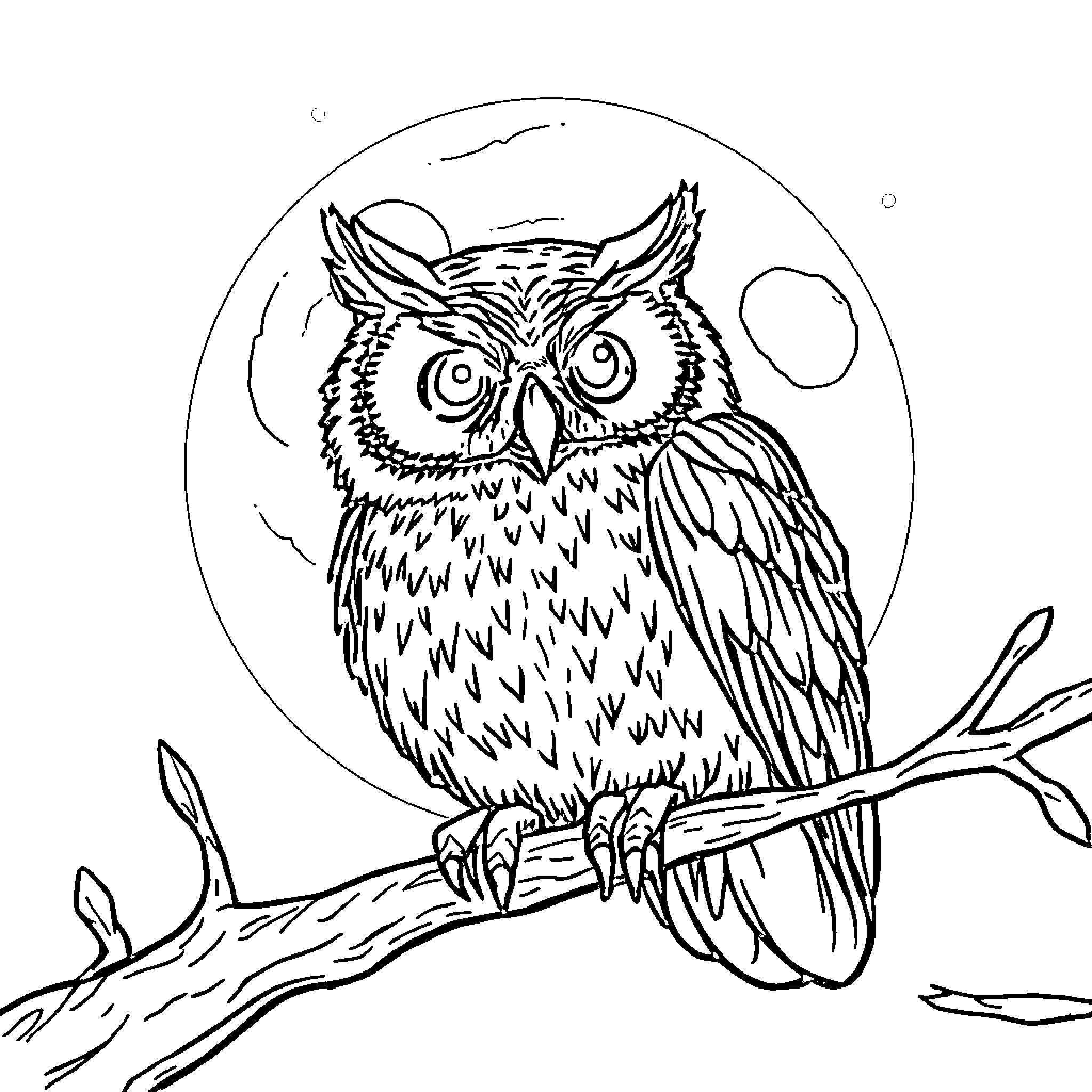 Owl perched on branch under the moon Coloring Page (free black-and-white line drawing printable PDF for all, from beginners to advanced learners, including children, teens, adults, and seniors)