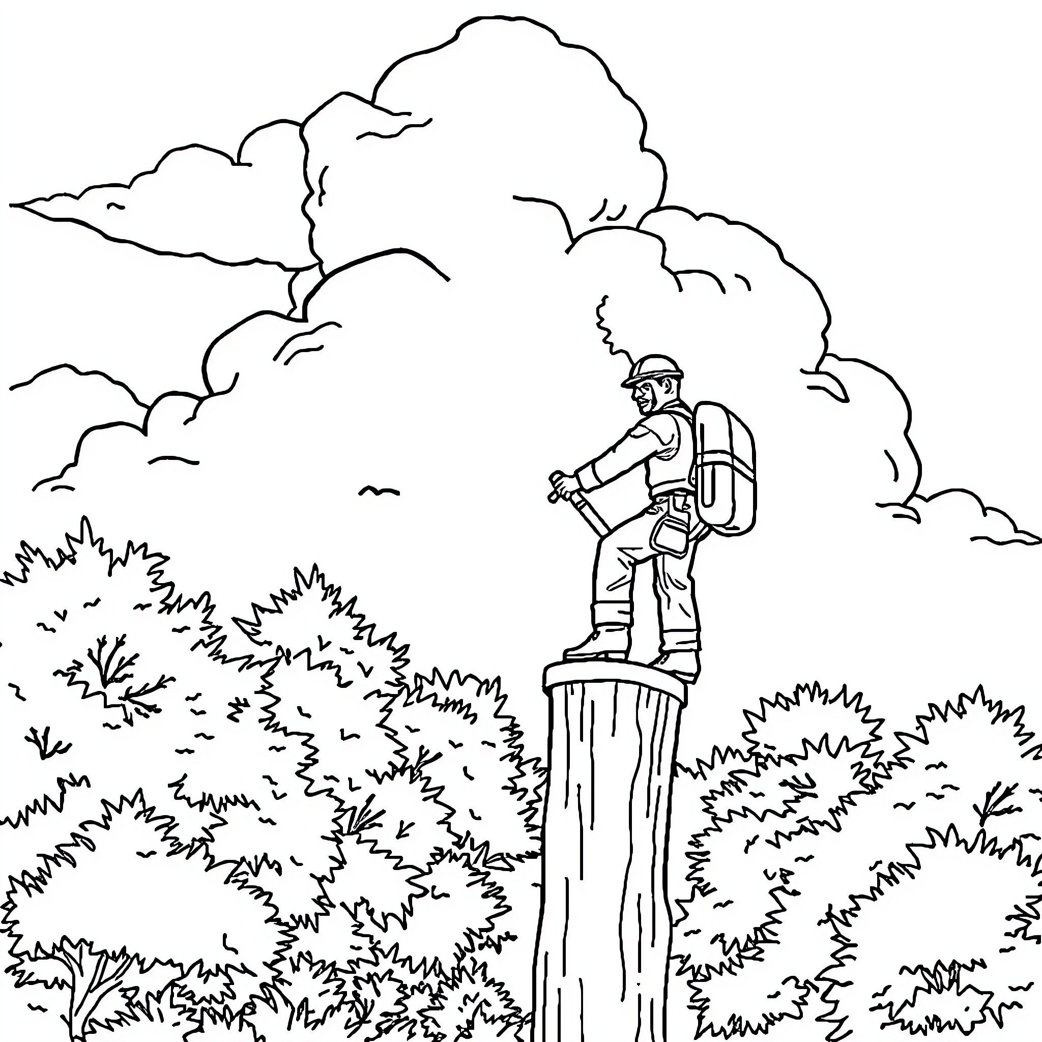 Boomverzorger explores the wilderness Coloring Page (free black-and-white line drawing printable PDF for all, from beginners to advanced learners, including children, teens, adults, and seniors)