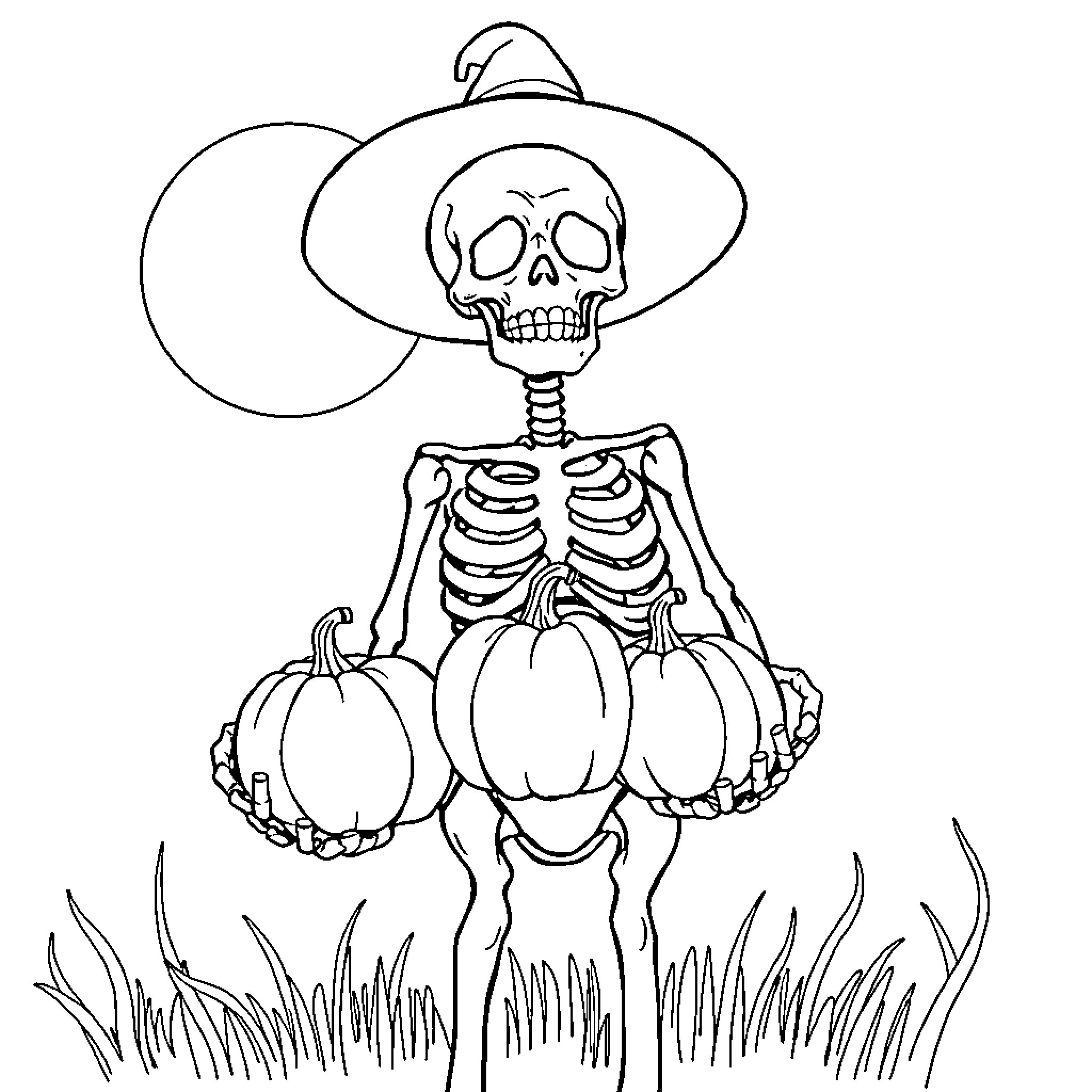 Skeleton carrying pumpkins in a field Coloring Page (free black-and-white line drawing printable PDF for all, from beginners to advanced learners, including children, teens, adults, and seniors)