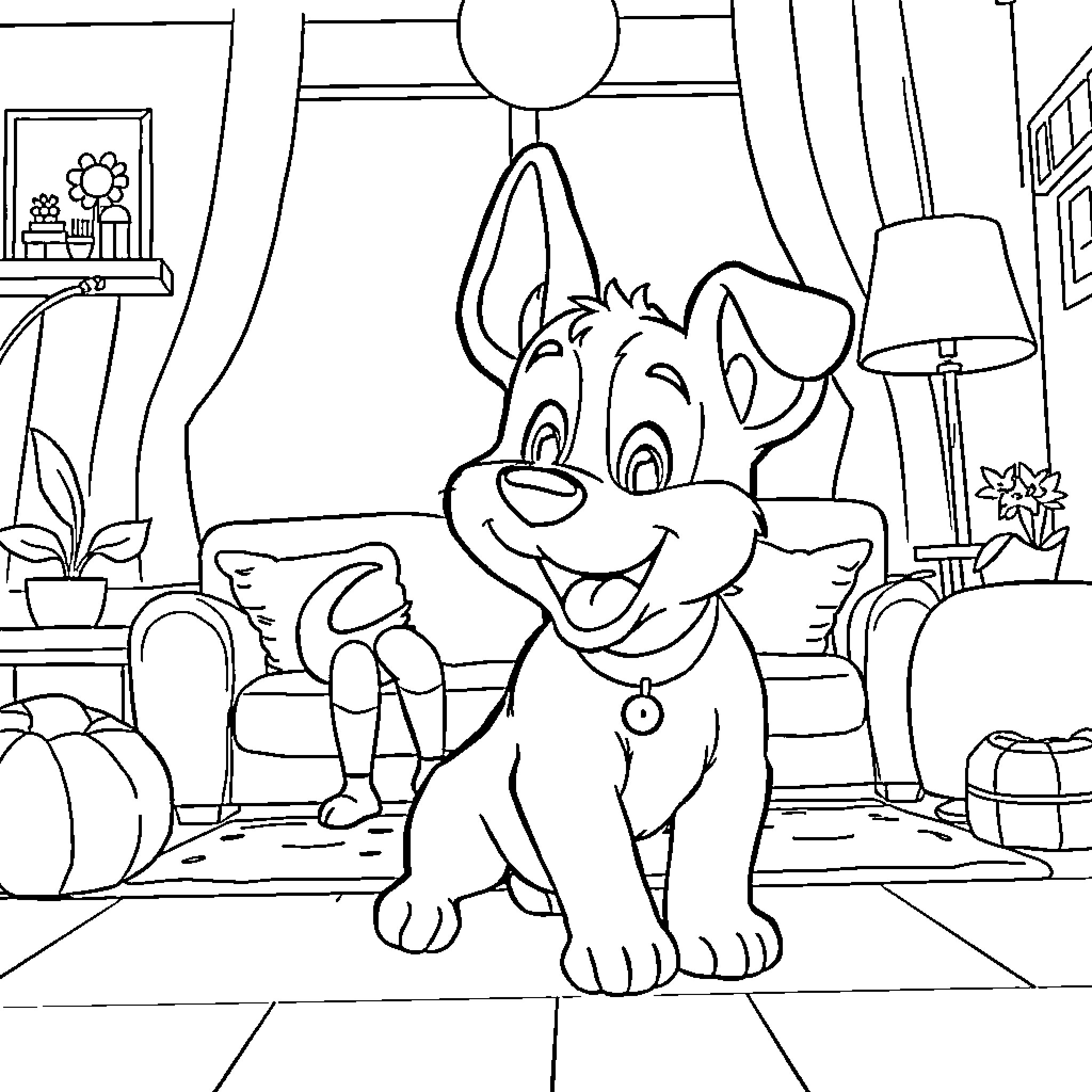 Bluey playing happily in the living room Coloring Page (free black-and-white line drawing printable PDF for all, from beginners to advanced learners, including children, teens, adults, and seniors)