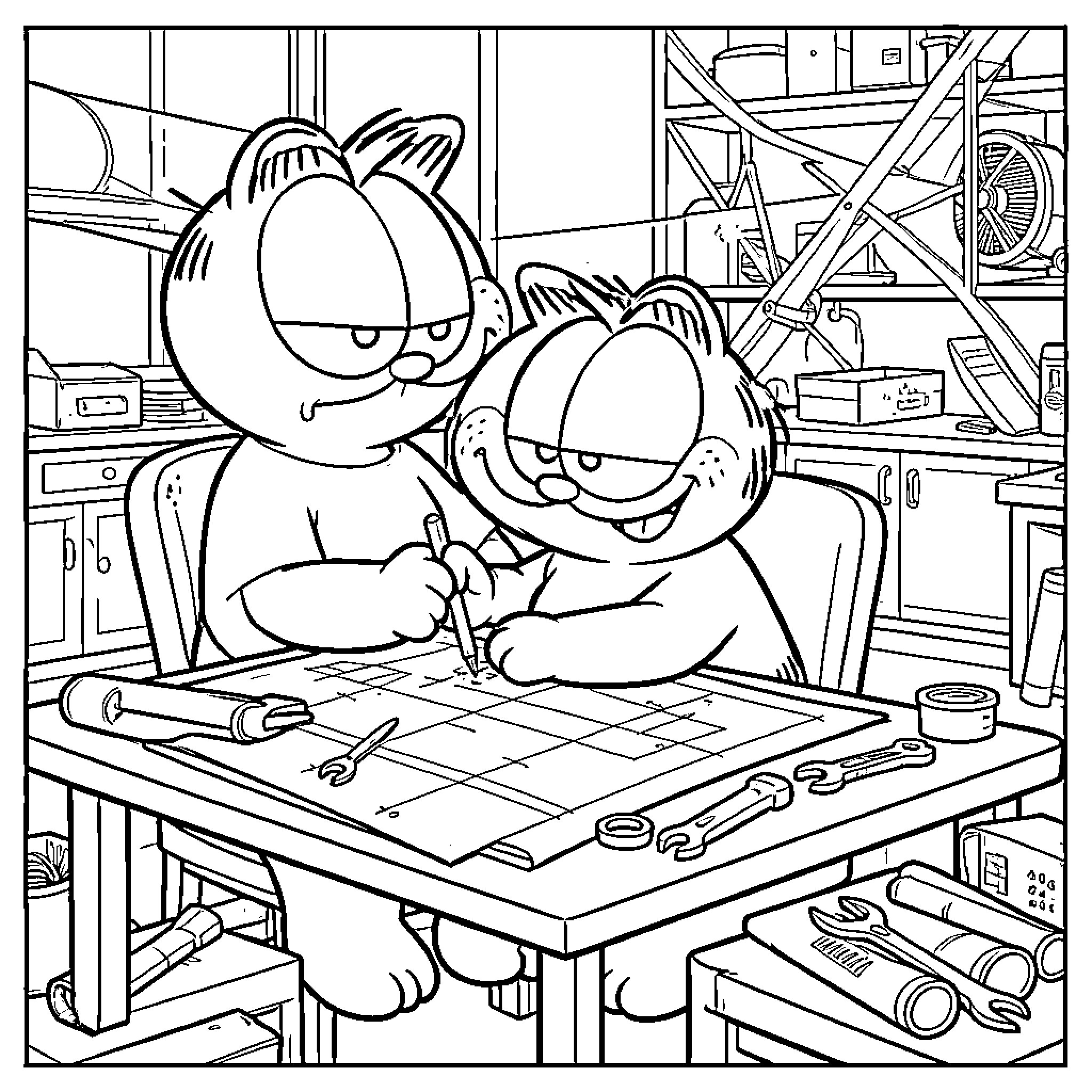 Garfield drawing architectural plans at a desk Coloring Page (free black-and-white line drawing printable PDF for all, from beginners to advanced learners, including children, teens, adults, and seniors)