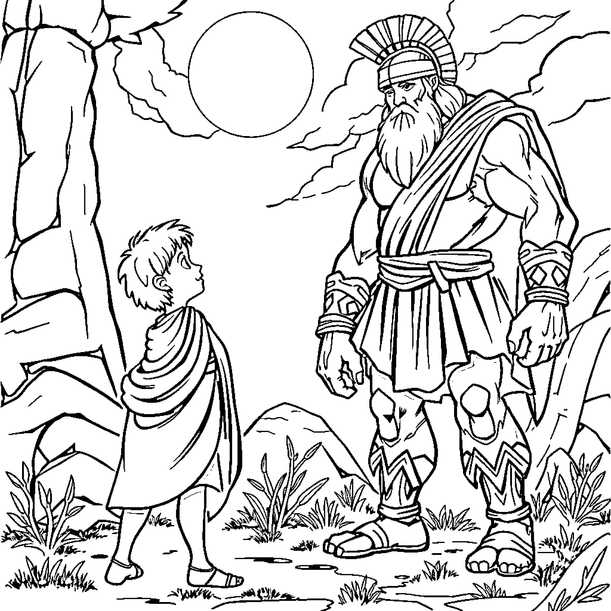 David and the Giant Warrior in the Desert Coloring Page (free black-and-white line drawing printable PDF for all, from beginners to advanced learners, including children, teens, adults, and seniors)
