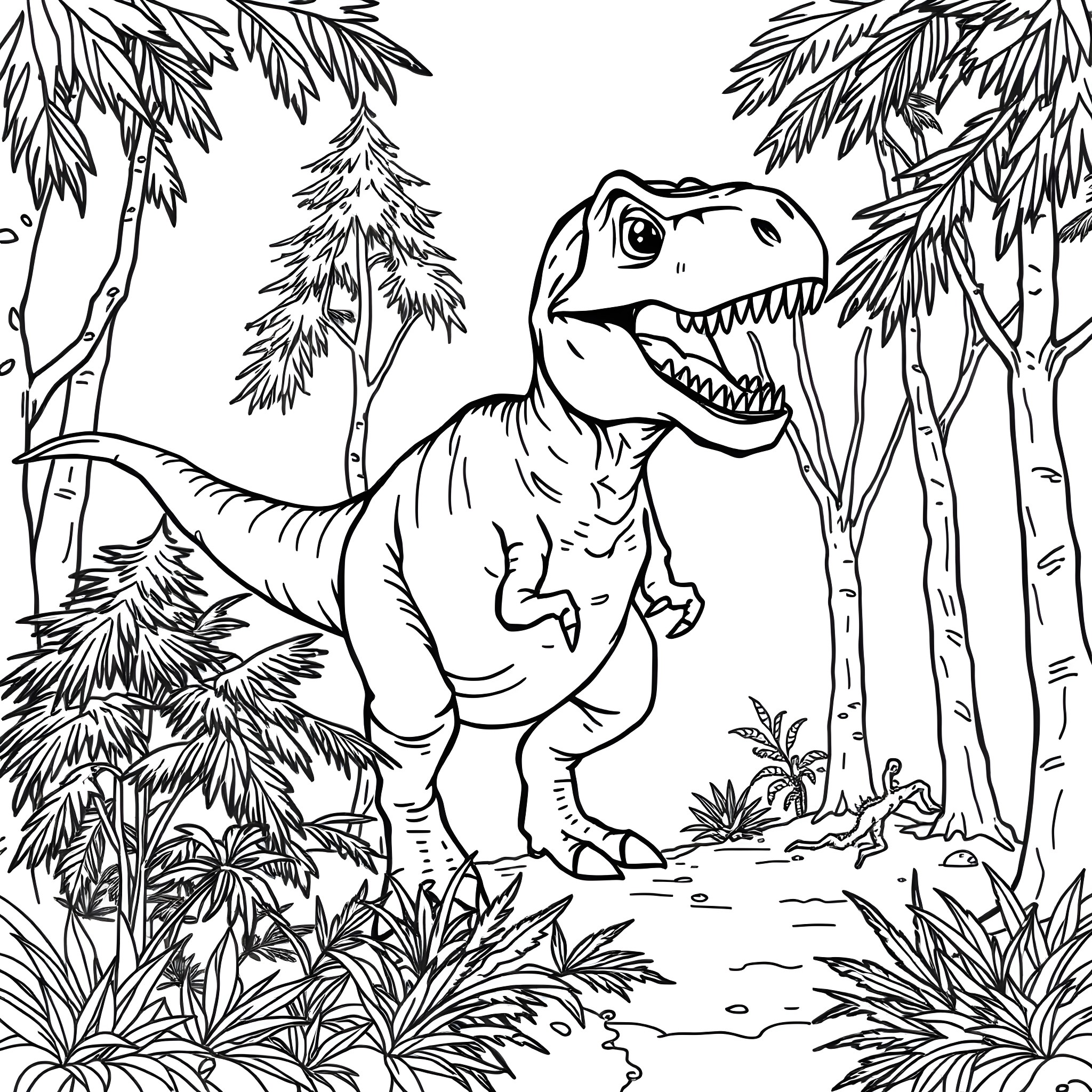 T-Rex roaming in the lush prehistoric forest Coloring Page (free black-and-white line drawing printable PDF for all, from beginners to advanced learners, including children, teens, adults, and seniors)
