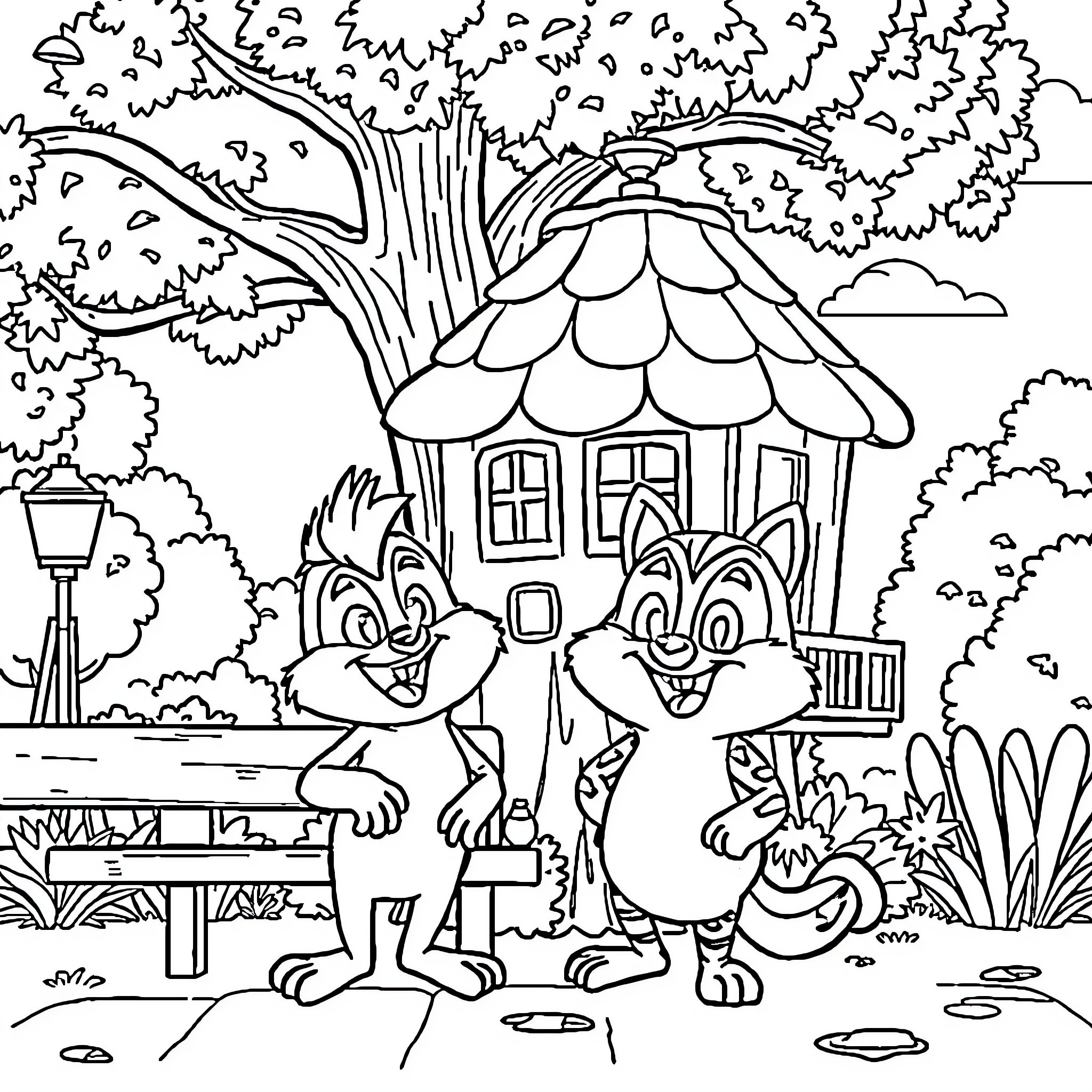 Regular Show Characters Exploring Whimsical Cartoon Landscape Coloring Page (free black-and-white line drawing printable PDF for all, from beginners to advanced learners, including children, teens, adults, and seniors)