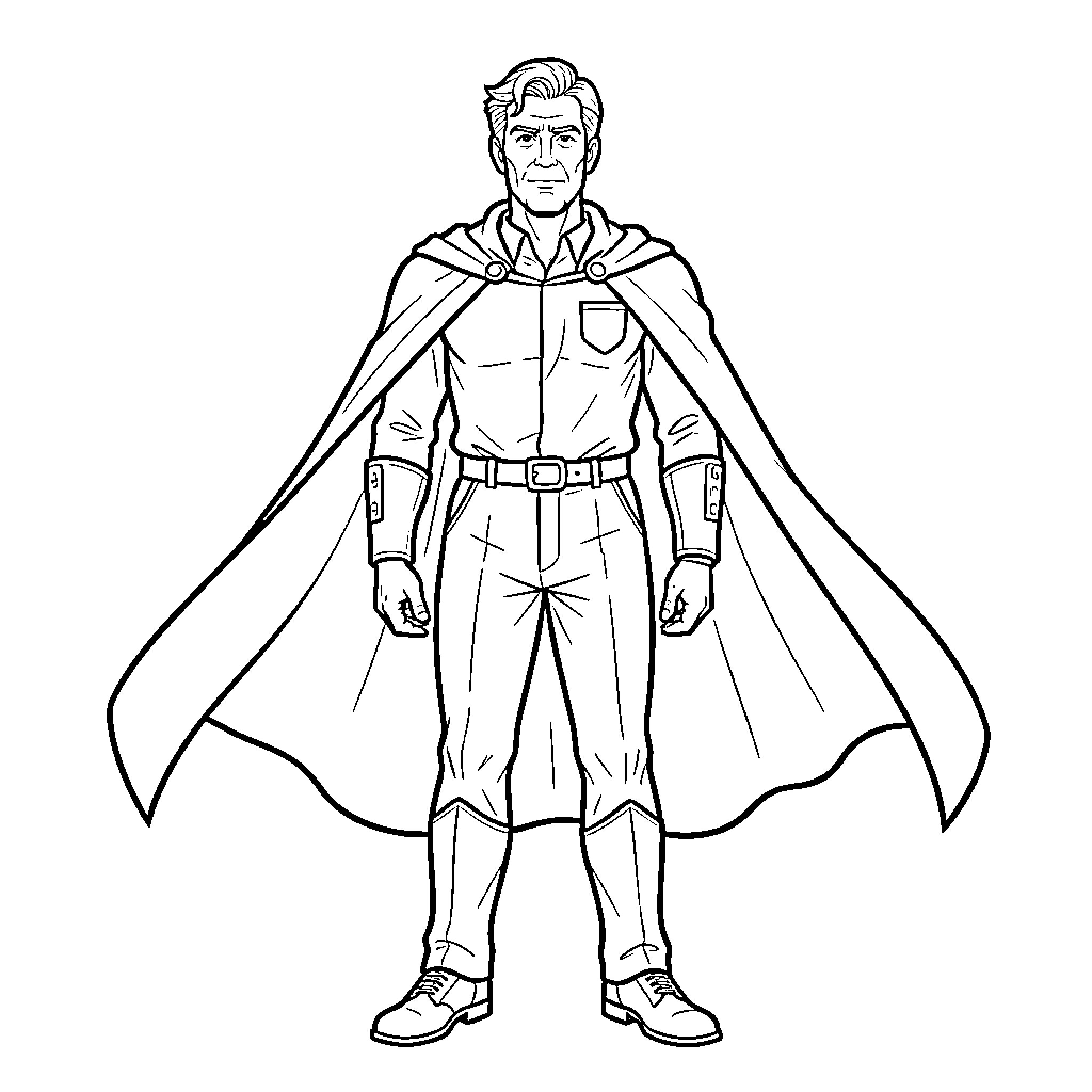 Patman standing heroically wearing a long flowing cape Coloring Page (free black-and-white line drawing printable PDF for all, from beginners to advanced learners, including children, teens, adults, and seniors)
