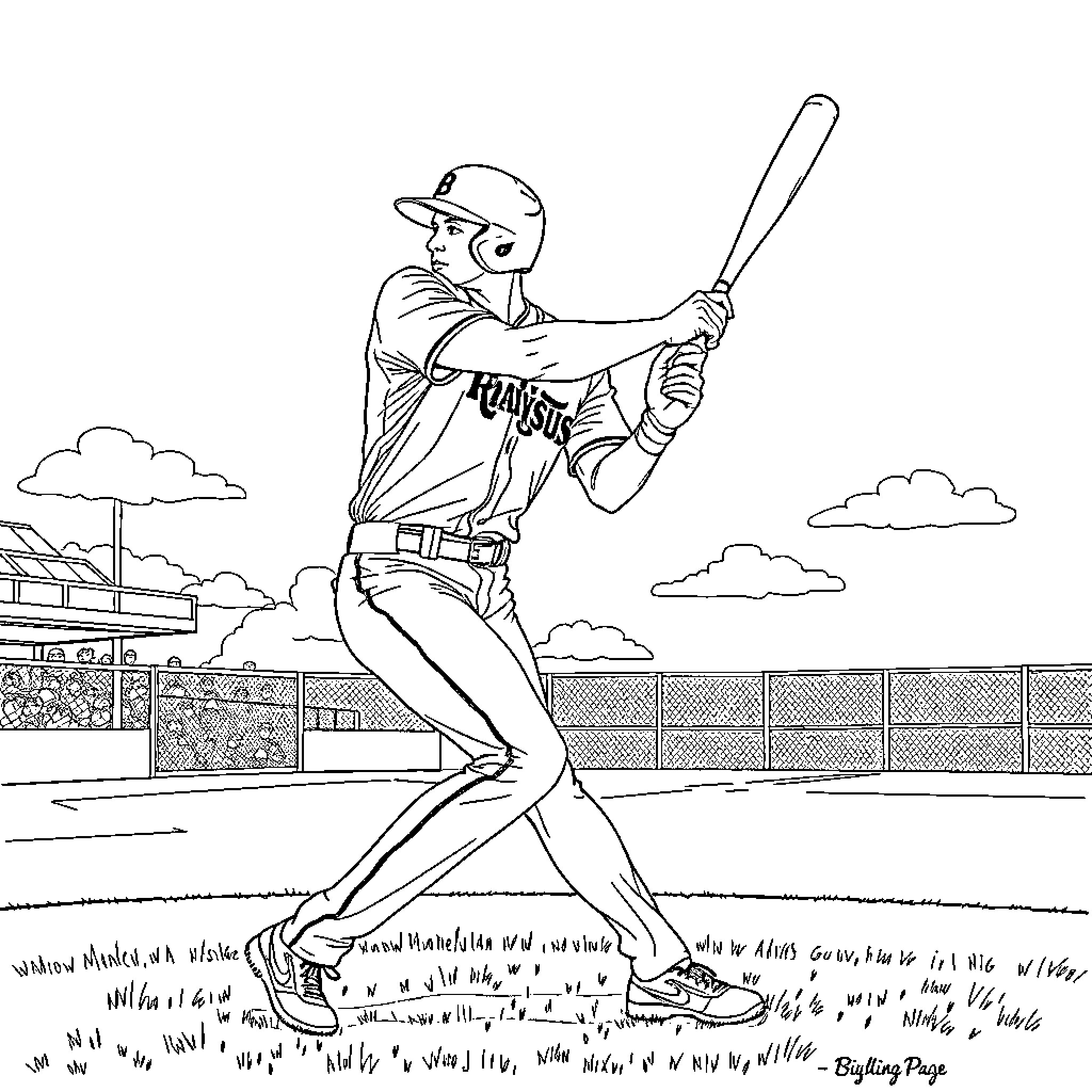 Josh Allen batting with determination on the baseball field Coloring Page (free black-and-white line drawing printable PDF for all, from beginners to advanced learners, including children, teens, adults, and seniors)