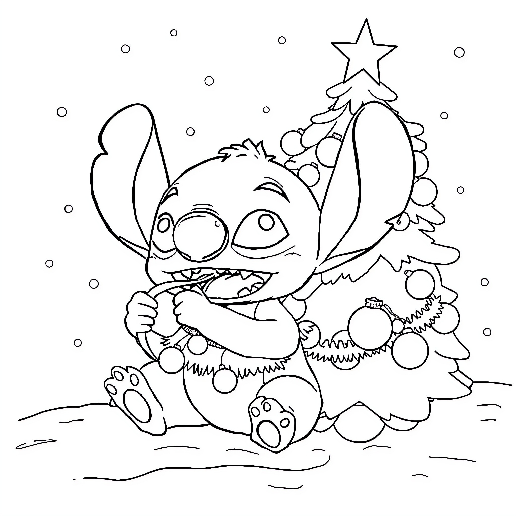 Stitch decorating the Christmas tree Coloring Page (free black-and-white line drawing printable PDF for all, from beginners to advanced learners, including children, teens, adults, and seniors)