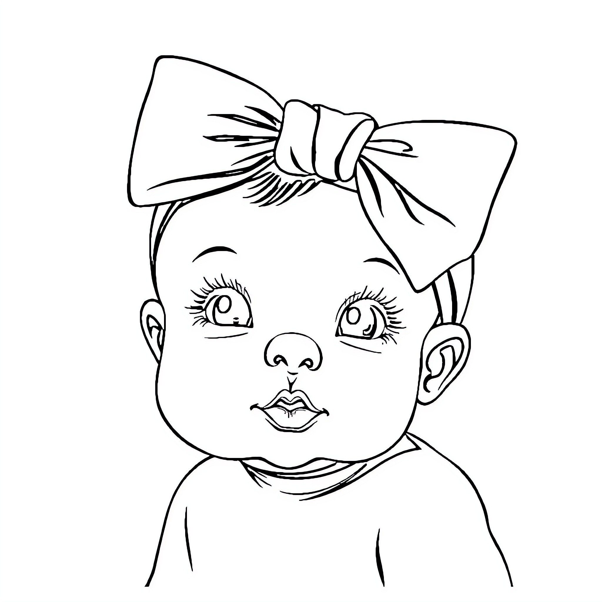 Baby girl with a bow in her hair Coloring Page (free black-and-white line drawing printable PDF for all, from beginners to advanced learners, including children, teens, adults, and seniors)