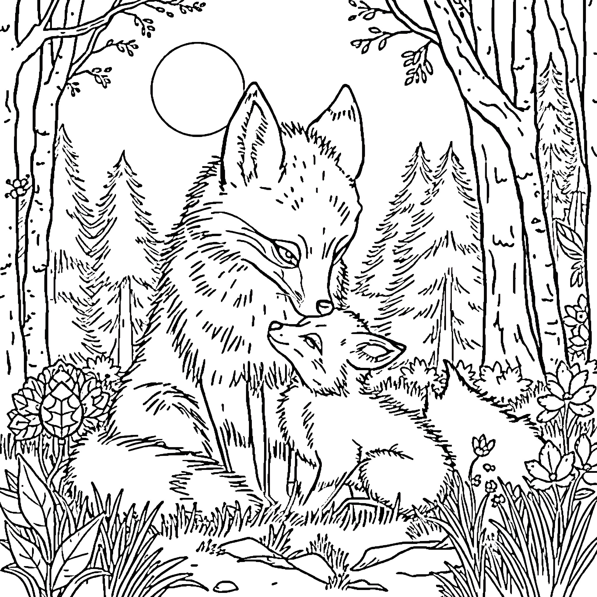 Fox prowling through the enchanted forest Coloring Page (free black-and-white line drawing printable PDF for all, from beginners to advanced learners, including children, teens, adults, and seniors)