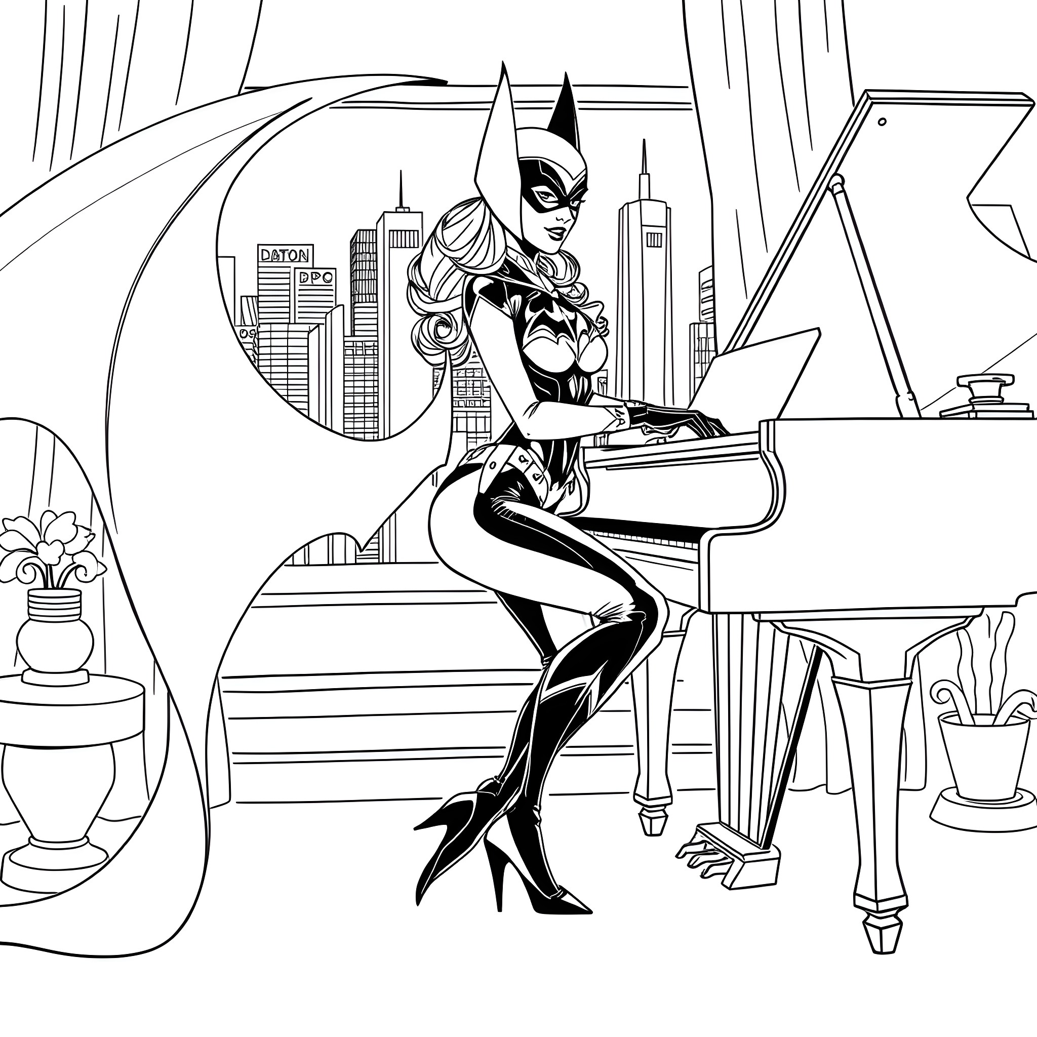 Batwoman in her office, heroically at work Coloring Page (free black-and-white line drawing printable PDF for all, from beginners to advanced learners, including children, teens, adults, and seniors)