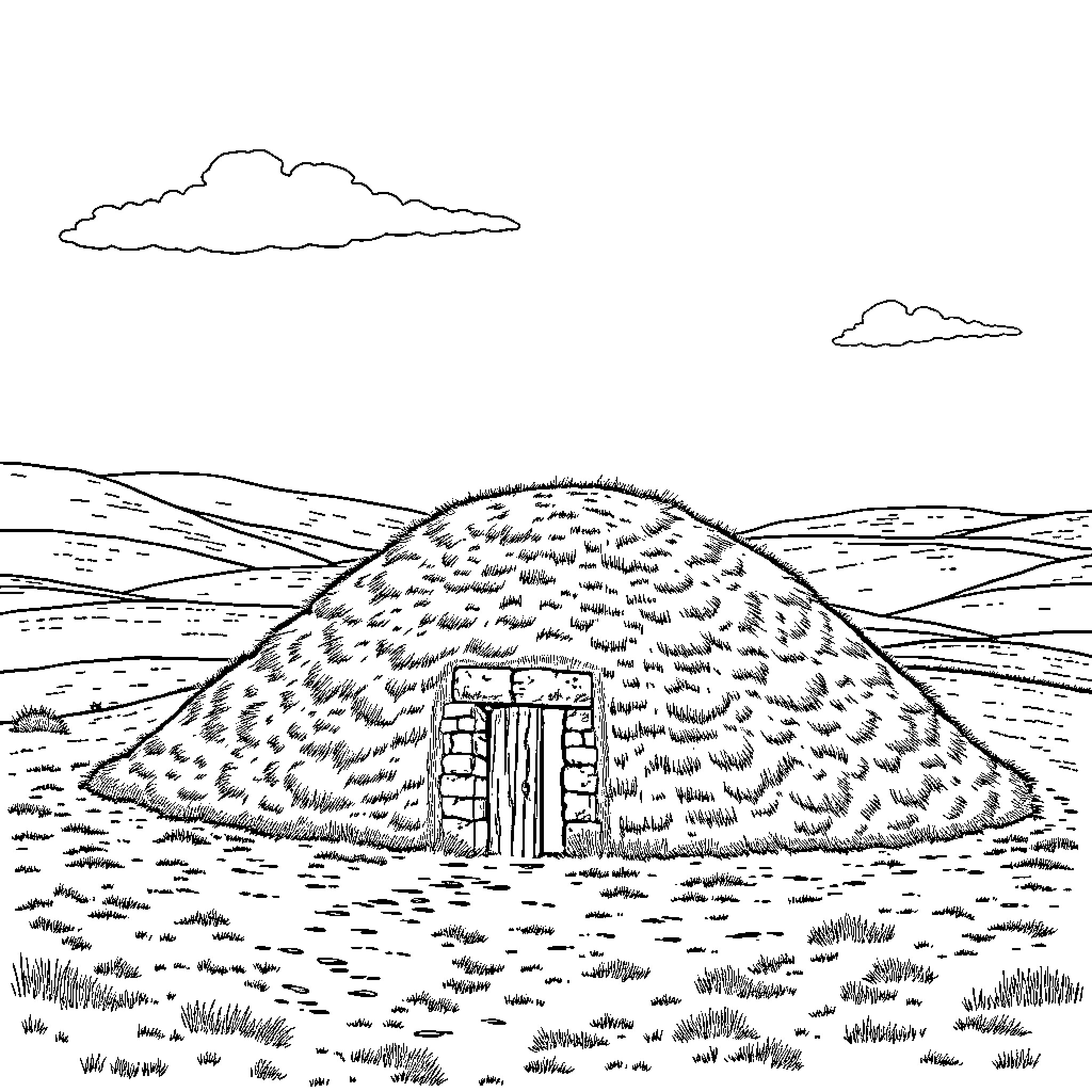 Newgrange passage tomb in the countryside Coloring Page (free black-and-white line drawing printable PDF for all, from beginners to advanced learners, including children, teens, adults, and seniors)