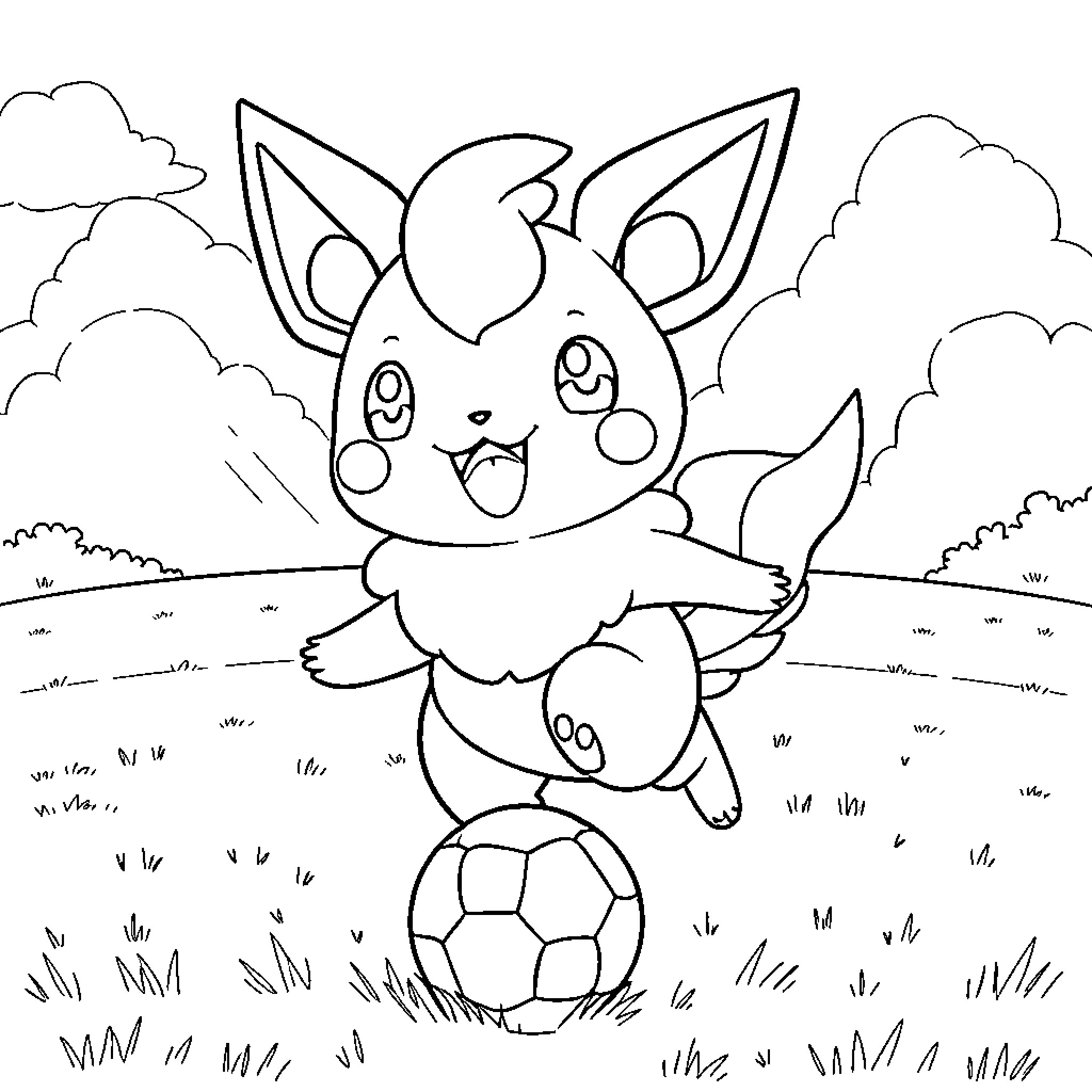 Ieon the Playful Creature in a Scenic Outdoor Setting Coloring Page (free black-and-white line drawing printable PDF for all, from beginners to advanced learners, including children, teens, adults, and seniors)