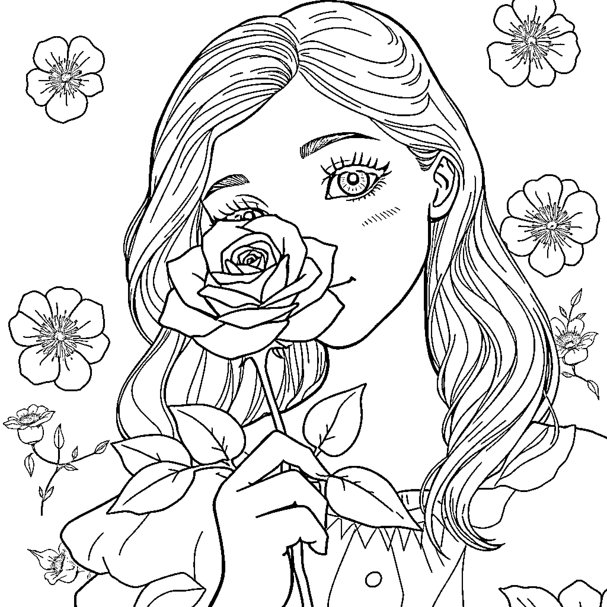 Girl surrounded by beautiful flowers Coloring Page (free black-and-white line drawing printable PDF for all, from beginners to advanced learners, including children, teens, adults, and seniors)