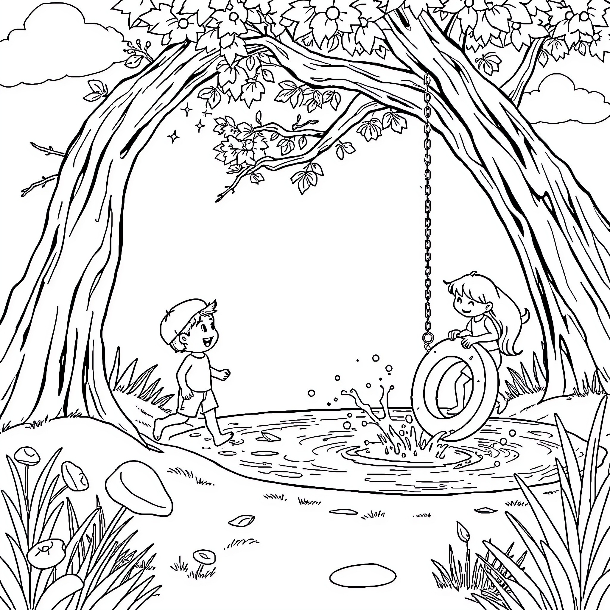 Kid playing in a magical forest Coloring Page (free black-and-white line drawing printable PDF for all, from beginners to advanced learners, including children, teens, adults, and seniors)