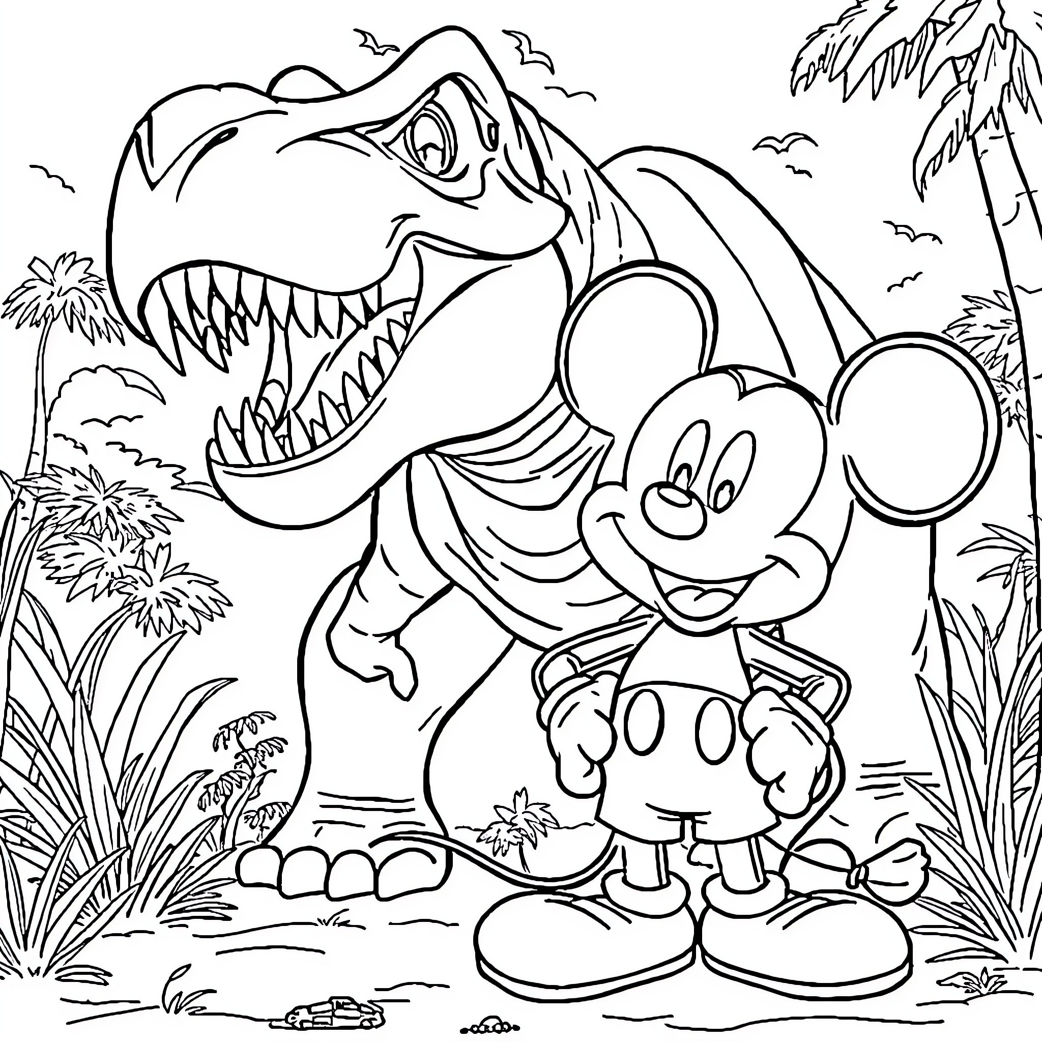 Mickey encountering a dinosaur in the jungle Coloring Page (free black-and-white line drawing printable PDF for all, from beginners to advanced learners, including children, teens, adults, and seniors)