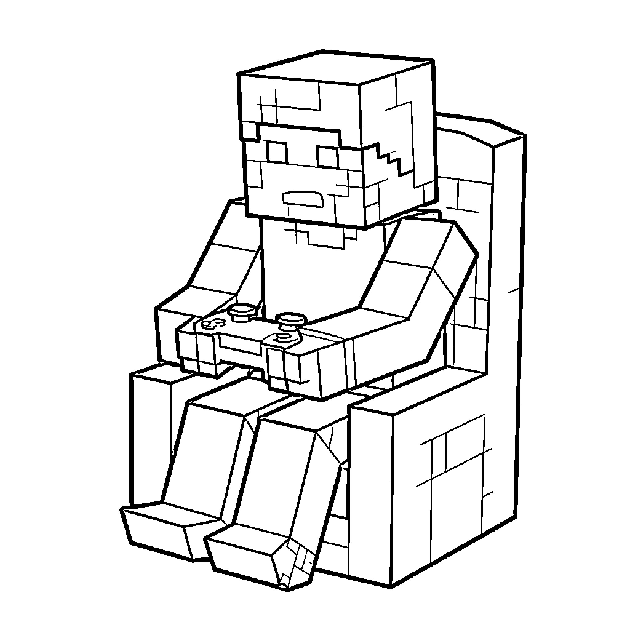 Steve sitting in a chair playing video games Coloring Page (free black-and-white line drawing printable PDF for all, from beginners to advanced learners, including children, teens, adults, and seniors)