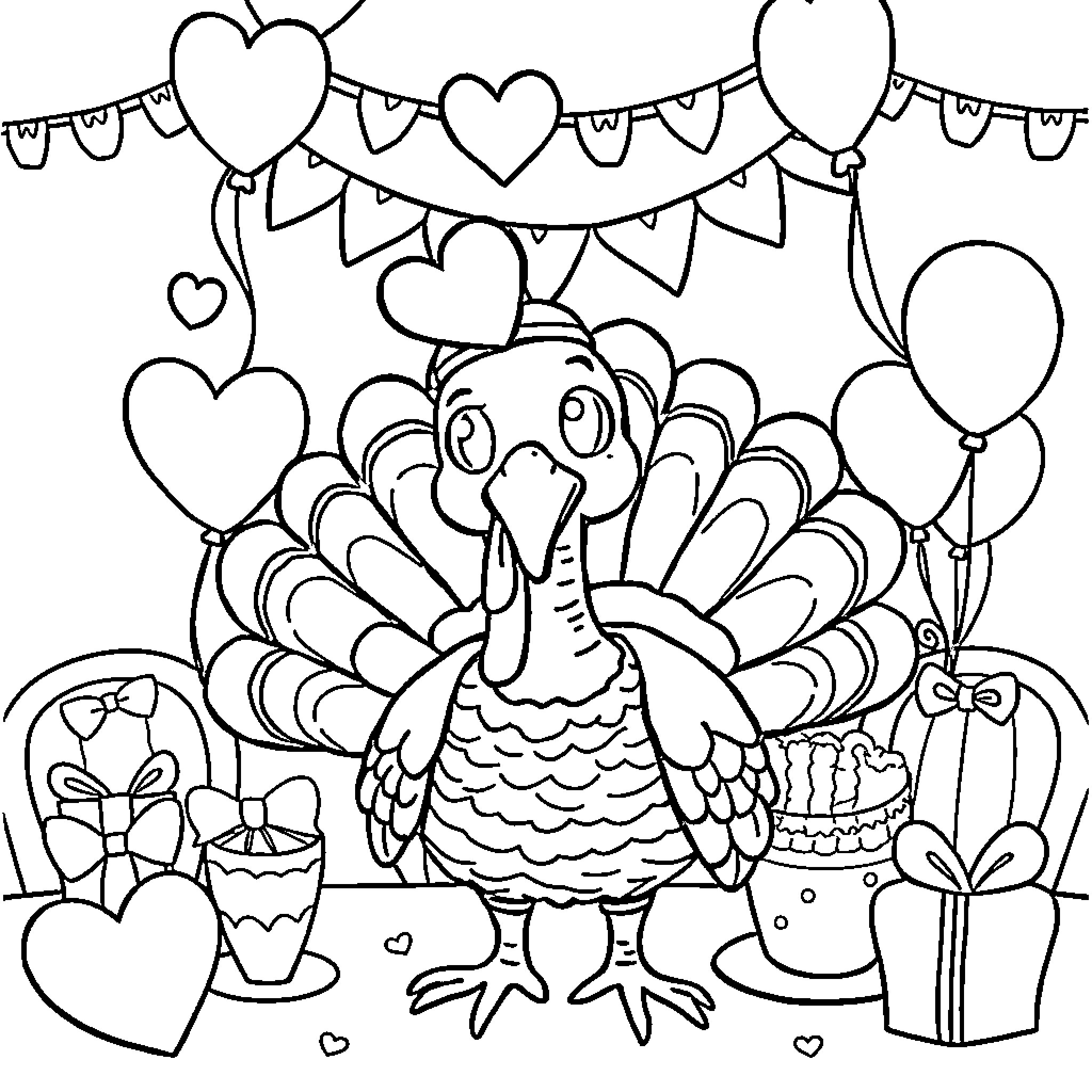 Turkey celebrating in festive surroundings Coloring Page (free black-and-white line drawing printable PDF for all, from beginners to advanced learners, including children, teens, adults, and seniors)
