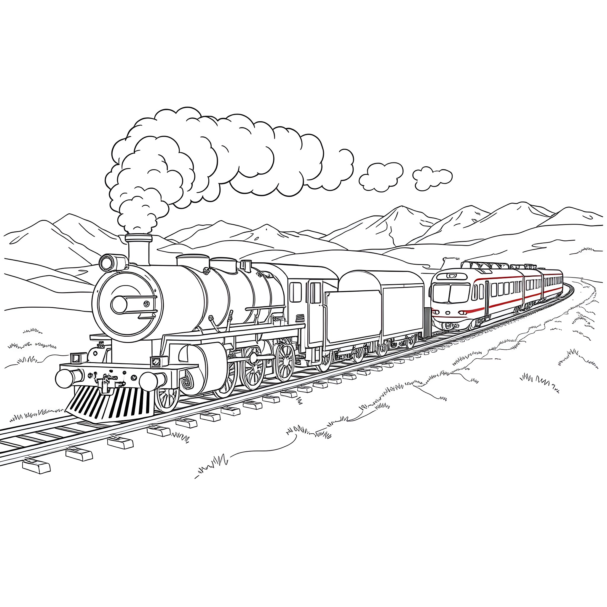 Train traveling through mountainous landscape Coloring Page (free black-and-white line drawing printable PDF for all, from beginners to advanced learners, including children, teens, adults, and seniors)