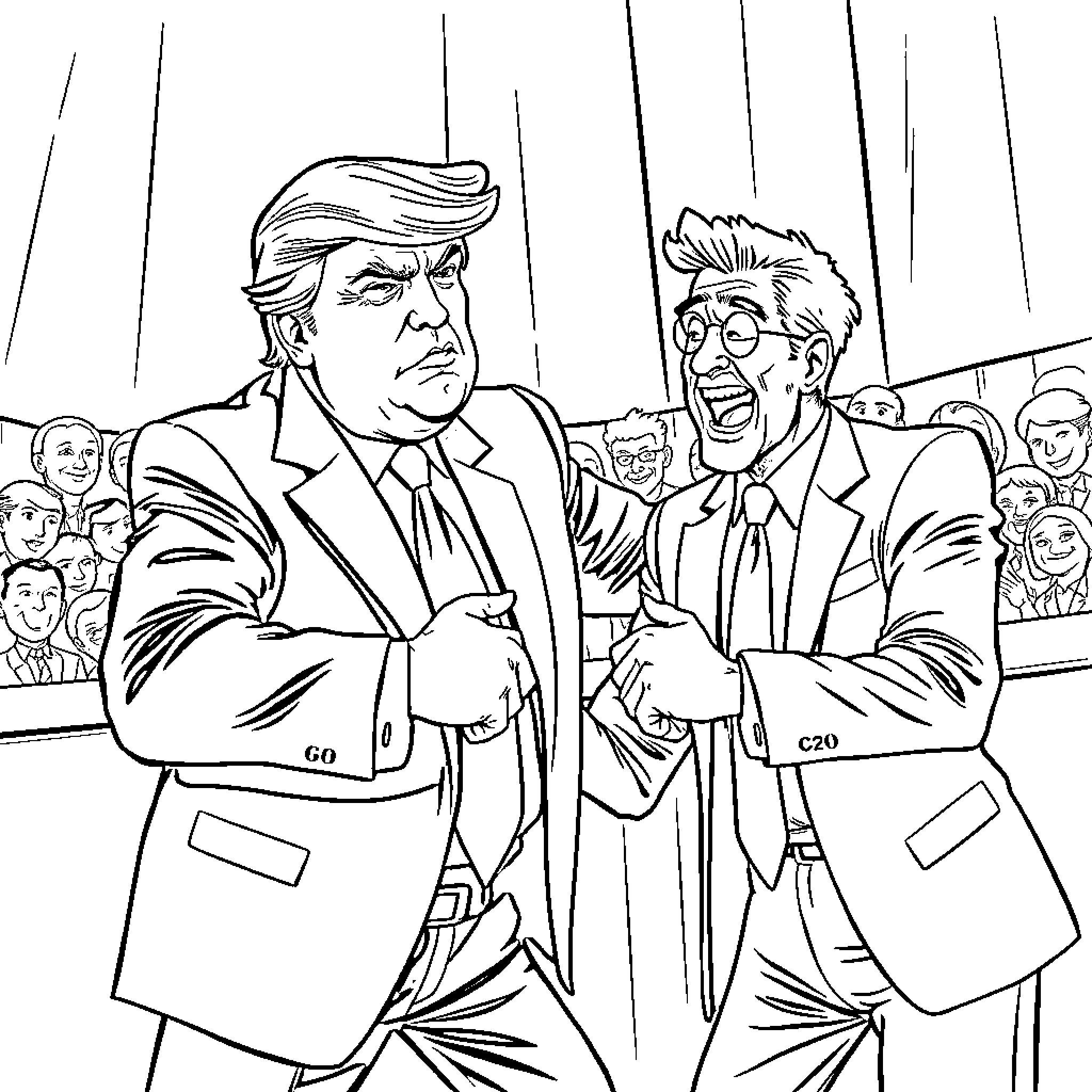 Trump Facing Off Against Political Rival in Heated Debate Coloring Page (free black-and-white line drawing printable PDF for all, from beginners to advanced learners, including children, teens, adults, and seniors)