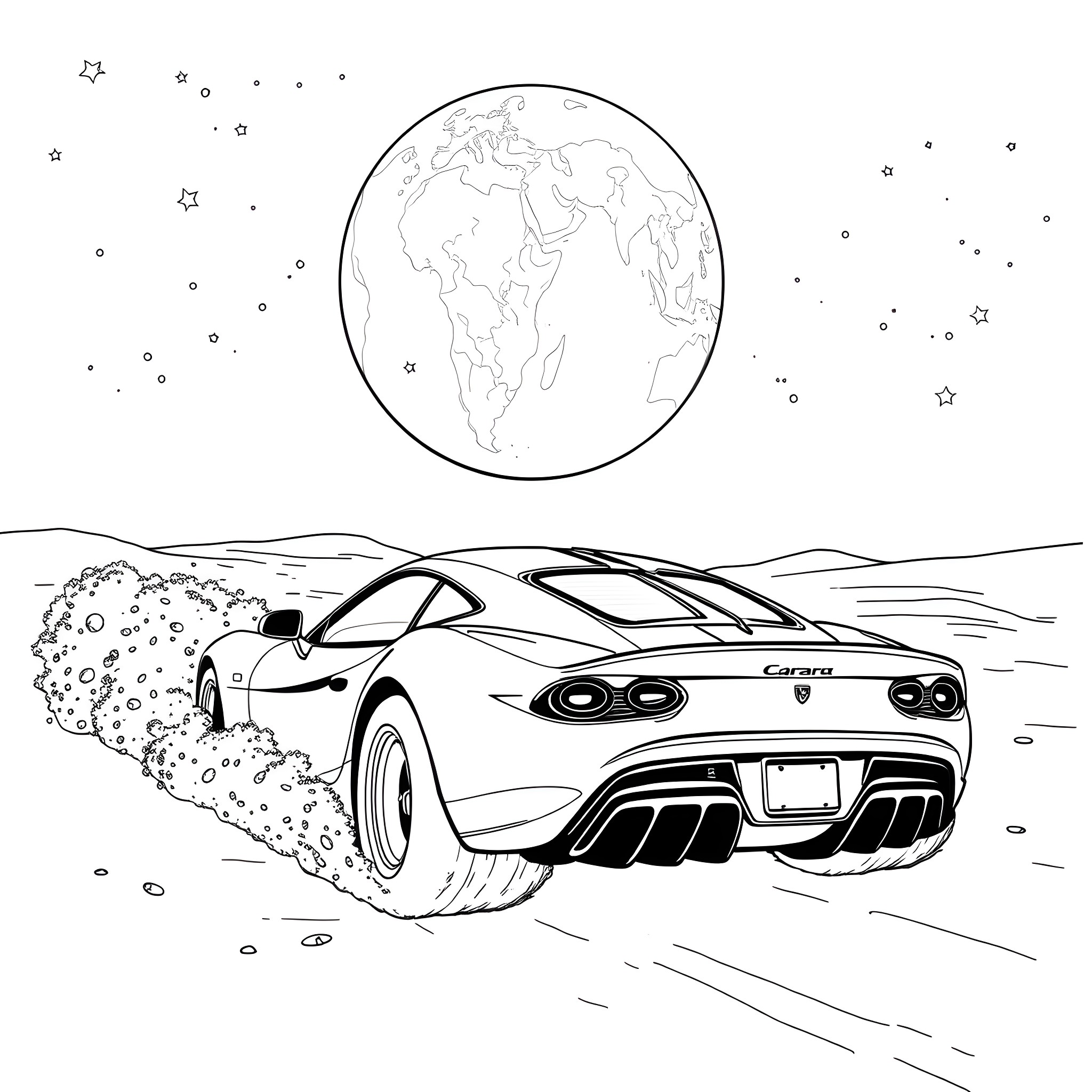 Car speeding through the desert under starry night sky Coloring Page (free black-and-white line drawing printable PDF for all, from beginners to advanced learners, including children, teens, adults, and seniors)
