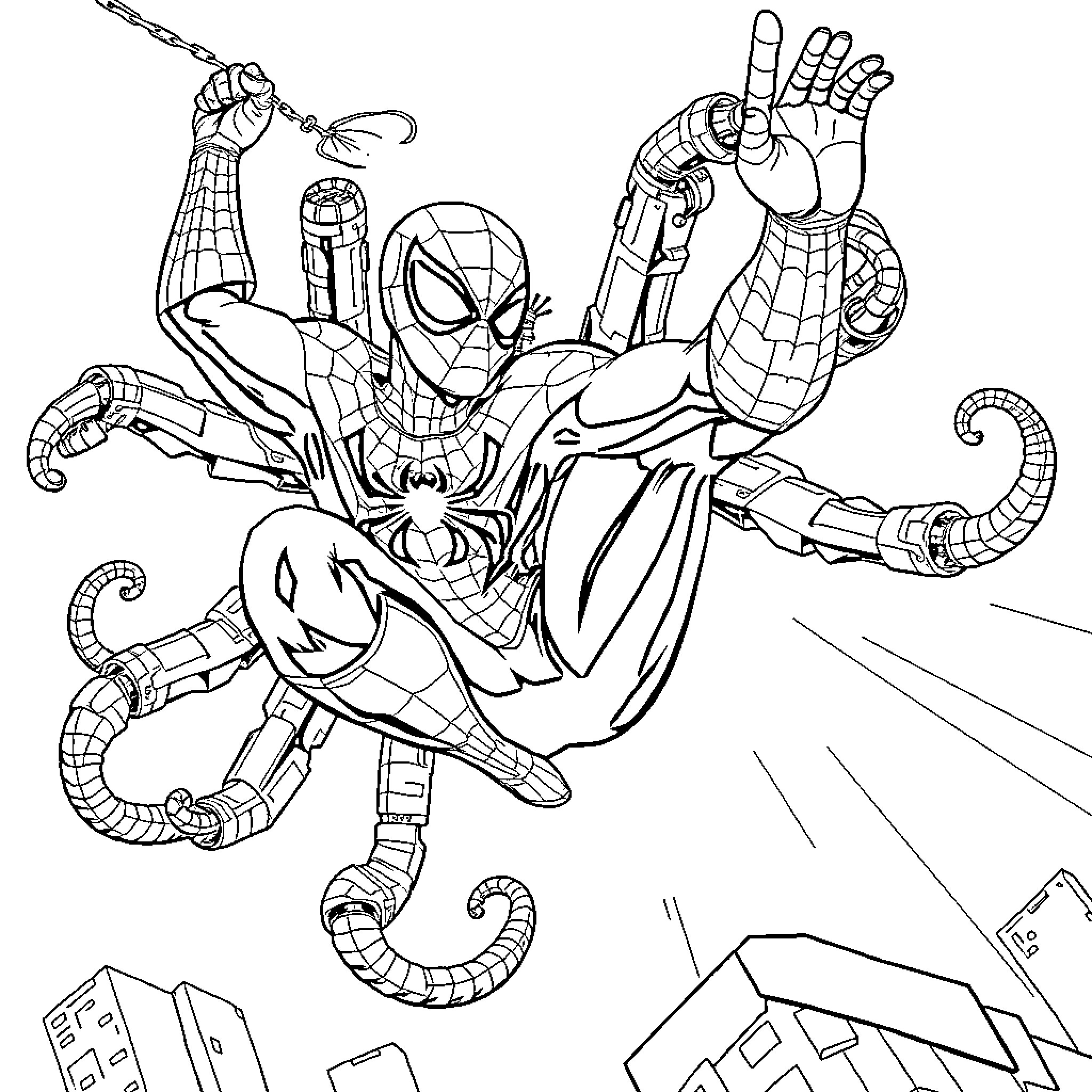 Spider-Man swinging through the city with action and excitement Coloring Page (free black-and-white line drawing printable PDF for all, from beginners to advanced learners, including children, teens, adults, and seniors)