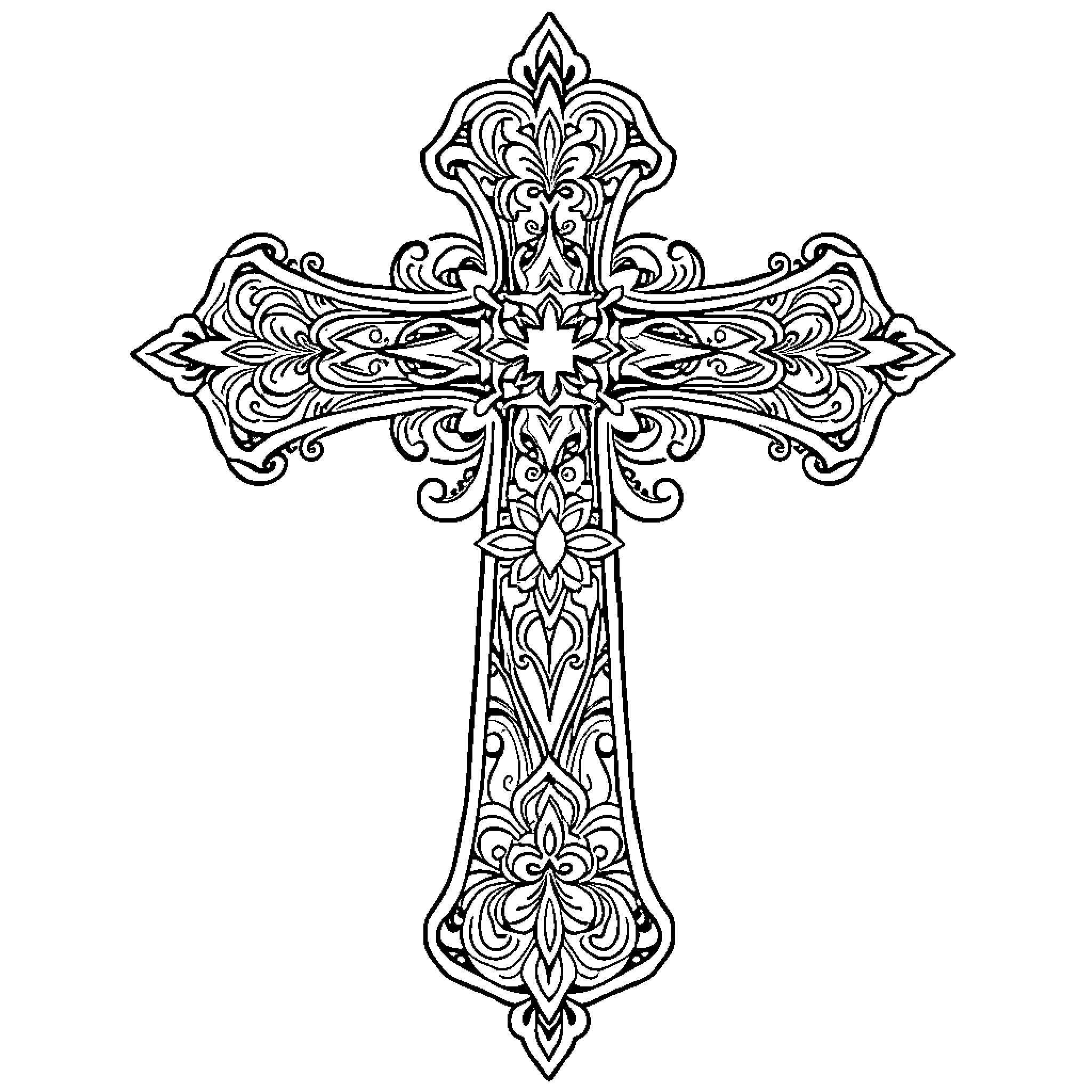 Cross with Intricate Floral Patterns Coloring Page (free black-and-white line drawing printable PDF for all, from beginners to advanced learners, including children, teens, adults, and seniors)