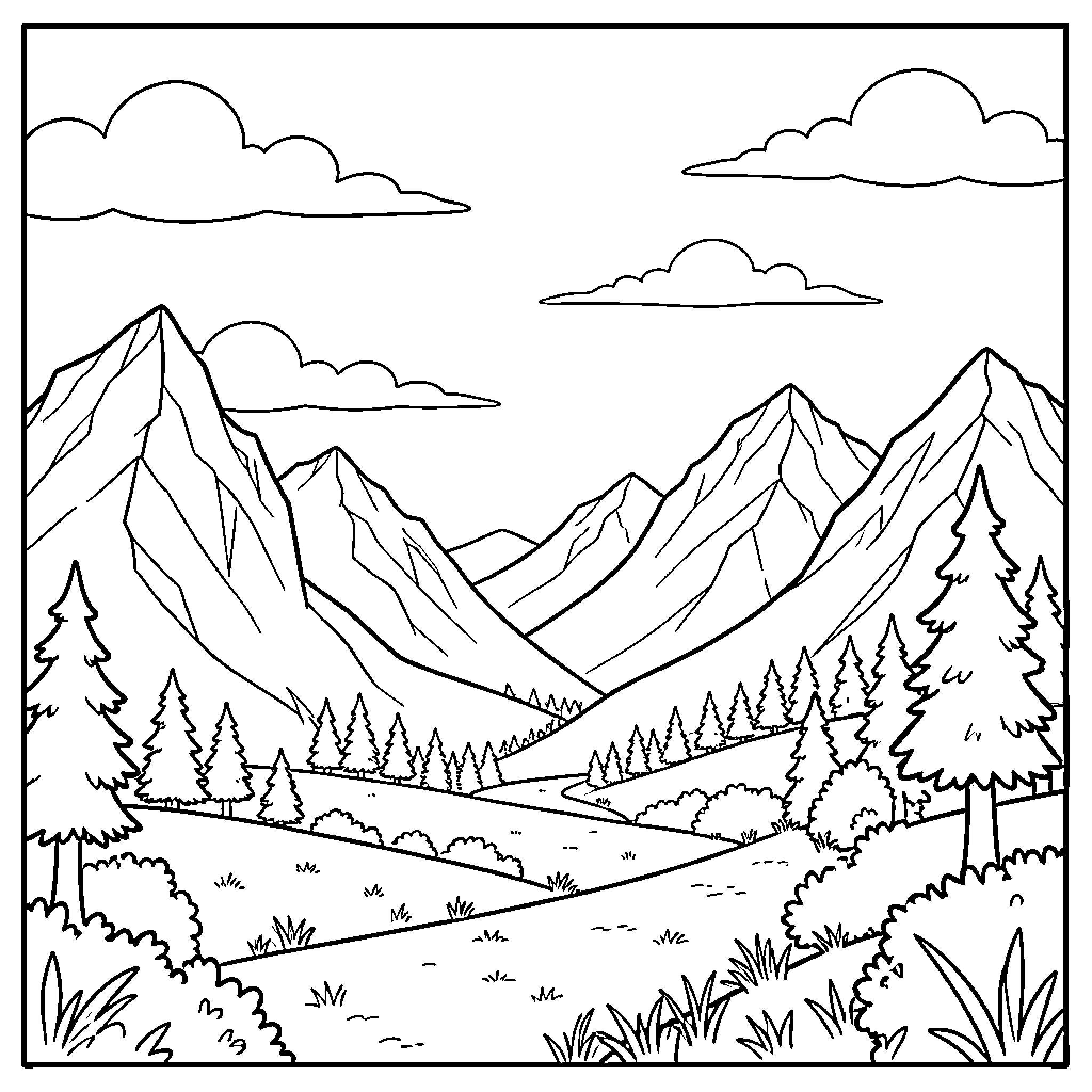 Landscape of majestic mountains and serene valleys Coloring Page (free black-and-white line drawing printable PDF for all, from beginners to advanced learners, including children, teens, adults, and seniors)