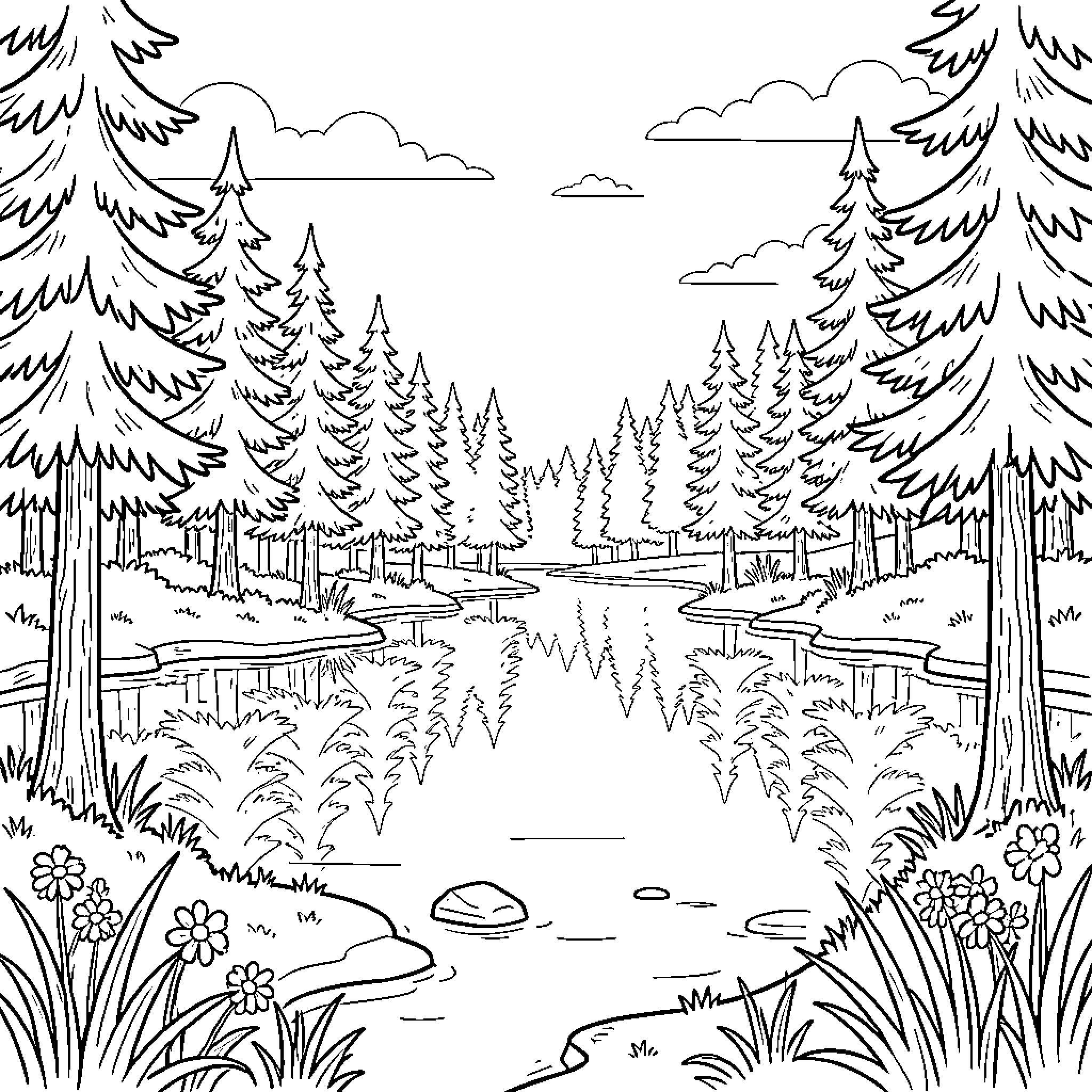 Lake reflecting tall pine trees in a peaceful forest Coloring Page (free black-and-white line drawing printable PDF for all, from beginners to advanced learners, including children, teens, adults, and seniors)