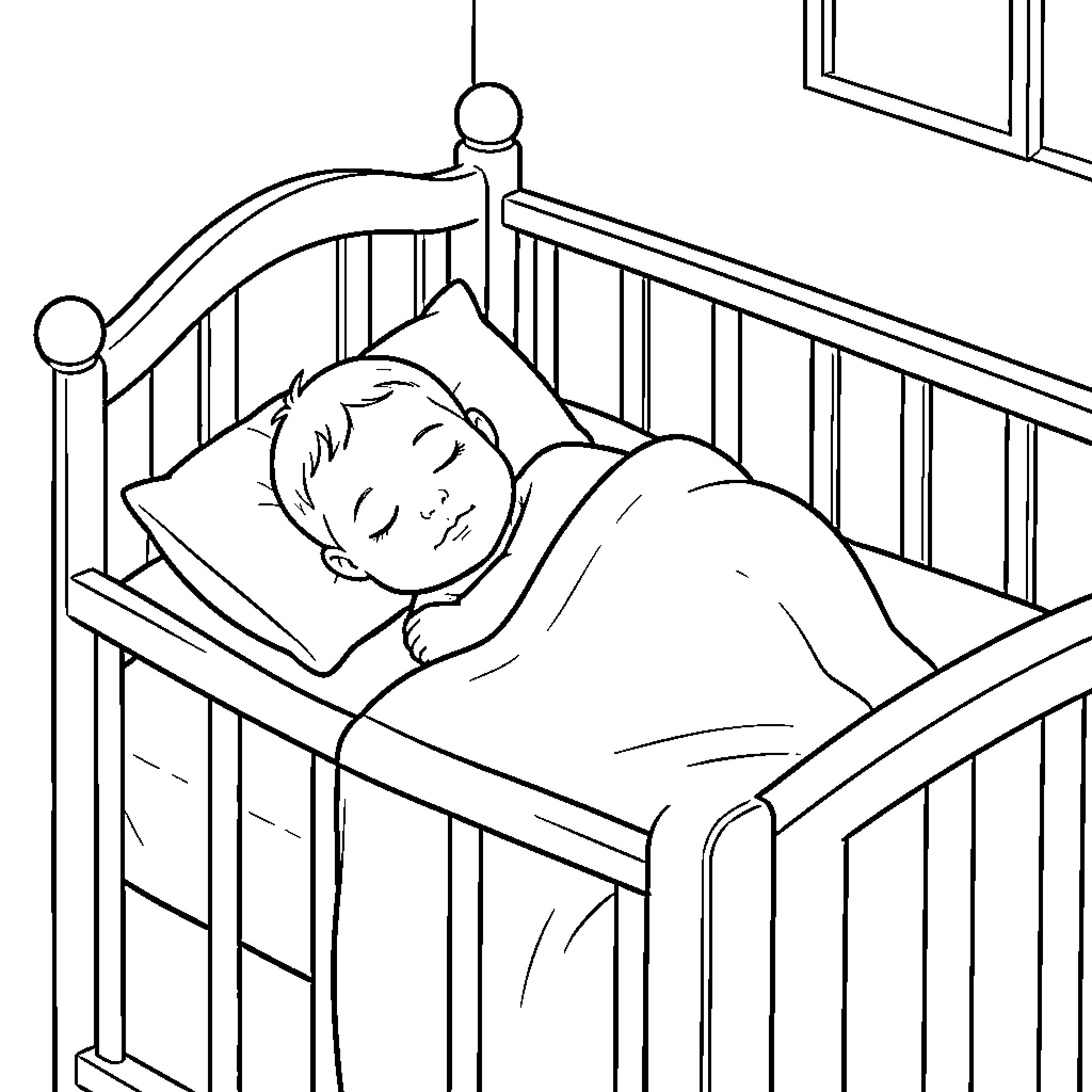 Baby sleeping peacefully in crib Coloring Page (free black-and-white line drawing printable PDF for all, from beginners to advanced learners, including children, teens, adults, and seniors)