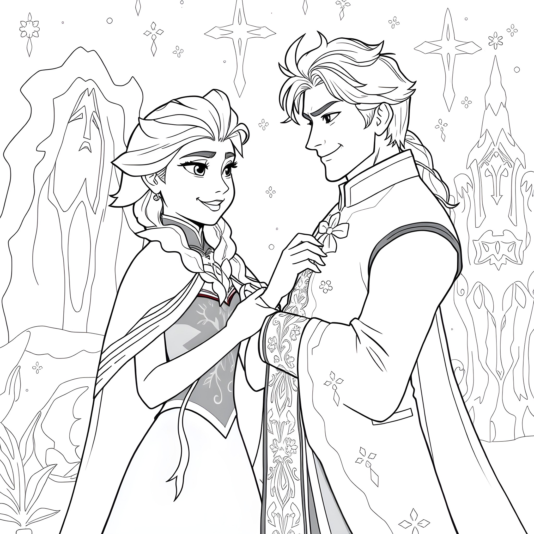 Elsa and Prince Charming in a Magical Winter Wonderland Coloring Page (free black-and-white line drawing printable PDF for all, from beginners to advanced learners, including children, teens, adults, and seniors)
