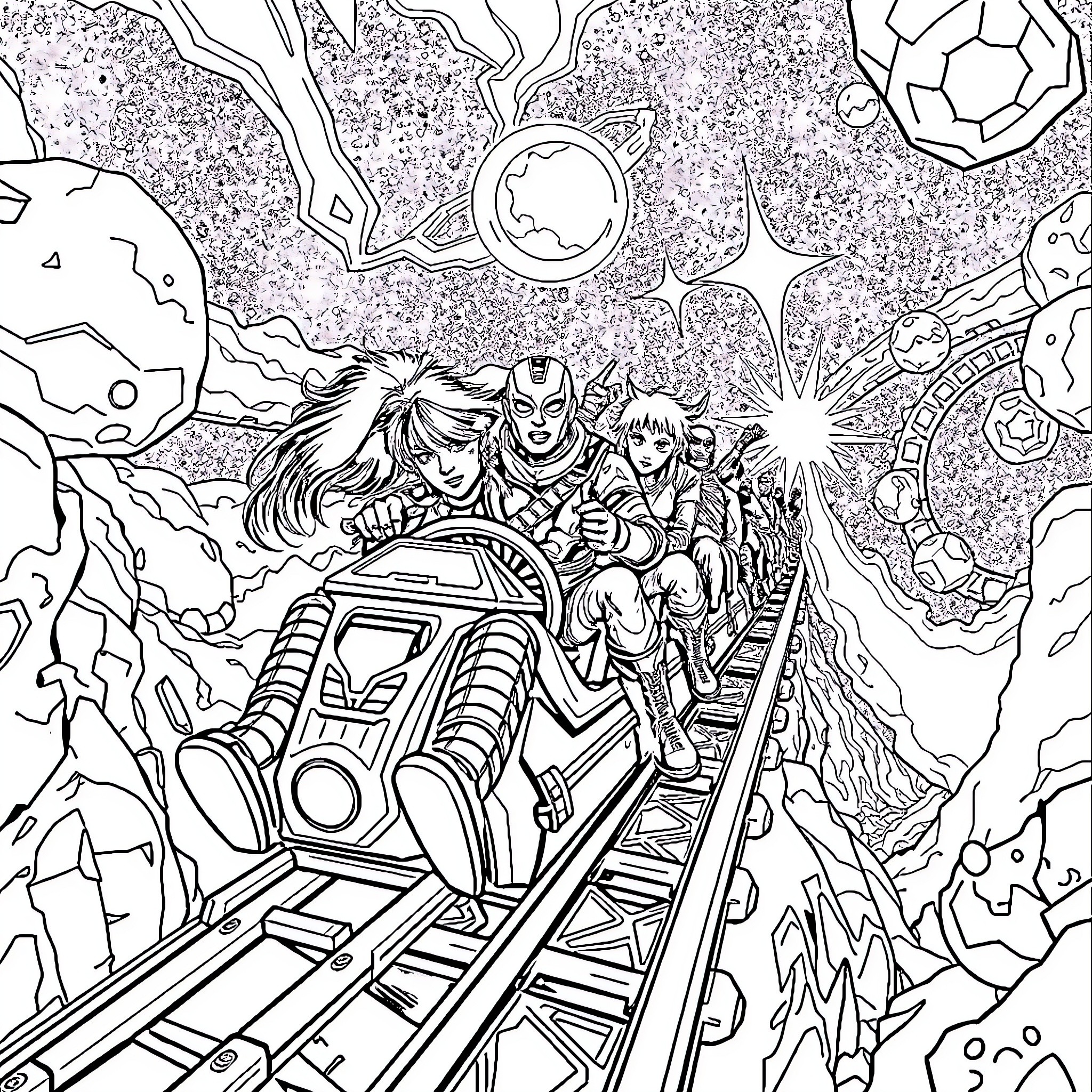 Galaxy Voyage on Futuristic Space Train Coloring Page (free black-and-white line drawing printable PDF for all, from beginners to advanced learners, including children, teens, adults, and seniors)