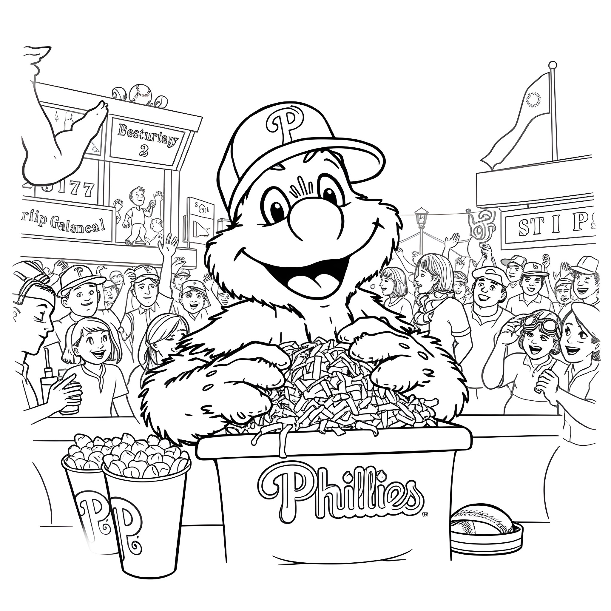 Phillies Phanatic entertaining the crowd at a baseball game Coloring Page (free black-and-white line drawing printable PDF for all, from beginners to advanced learners, including children, teens, adults, and seniors)