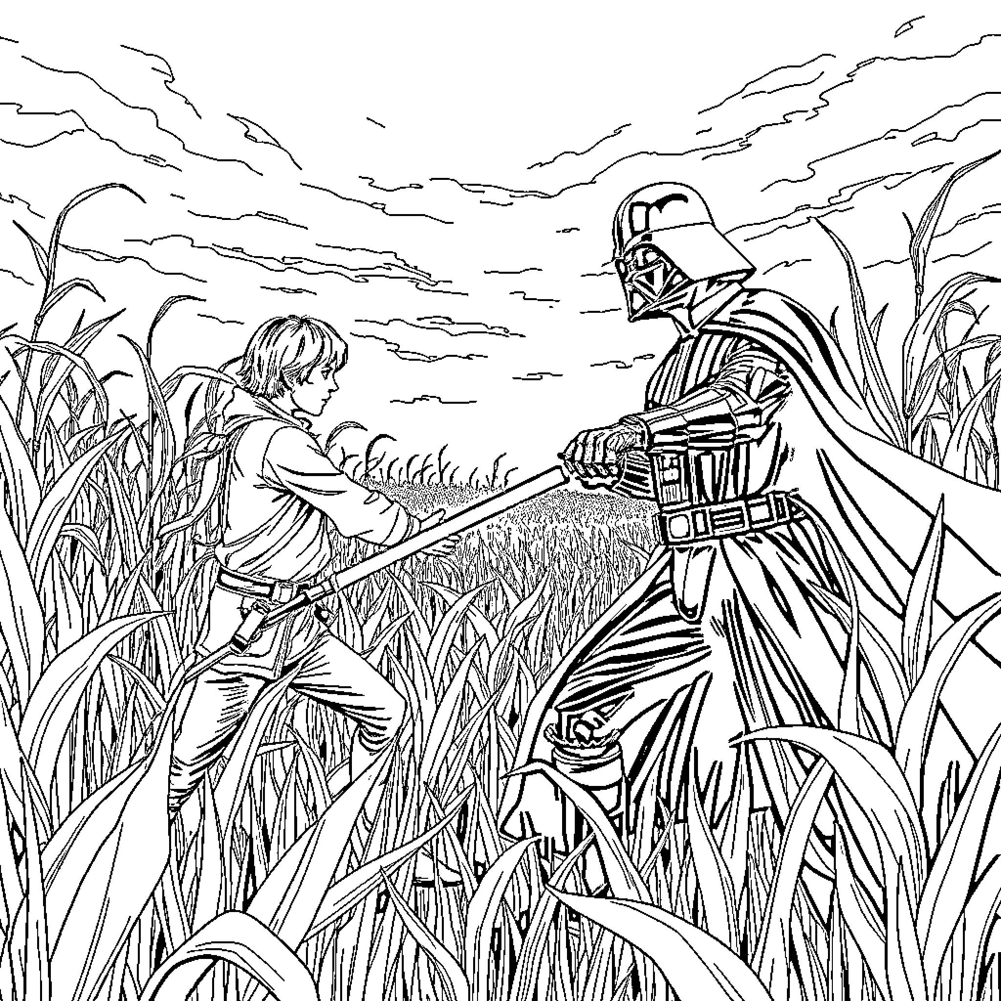 Darth Vader and Luke Skywalker duel in the tall grass Coloring Page (free black-and-white line drawing printable PDF for all, from beginners to advanced learners, including children, teens, adults, and seniors)