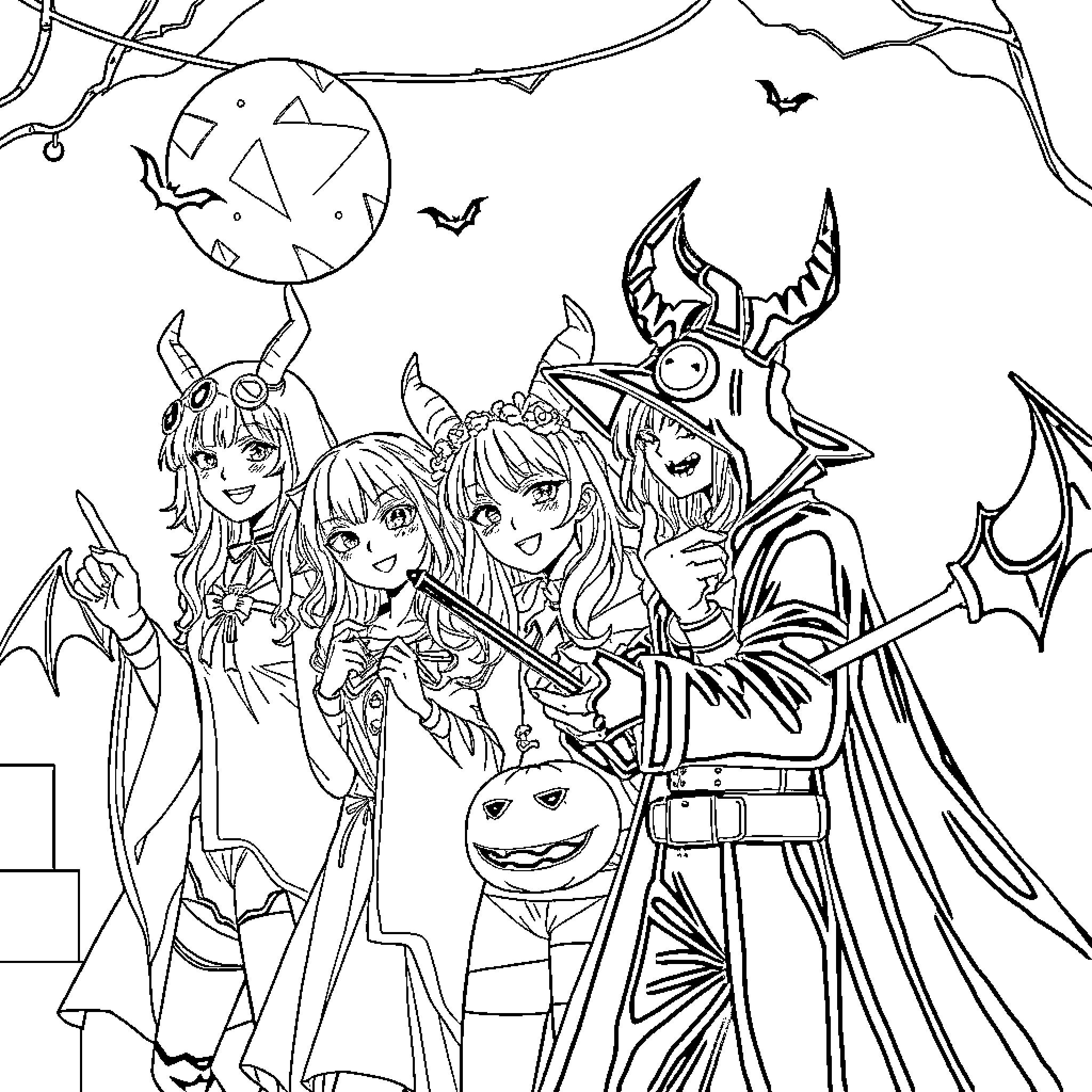 Demon Hunter characters in Halloween costumes Coloring Page (free black-and-white line drawing printable PDF for all, from beginners to advanced learners, including children, teens, adults, and seniors)