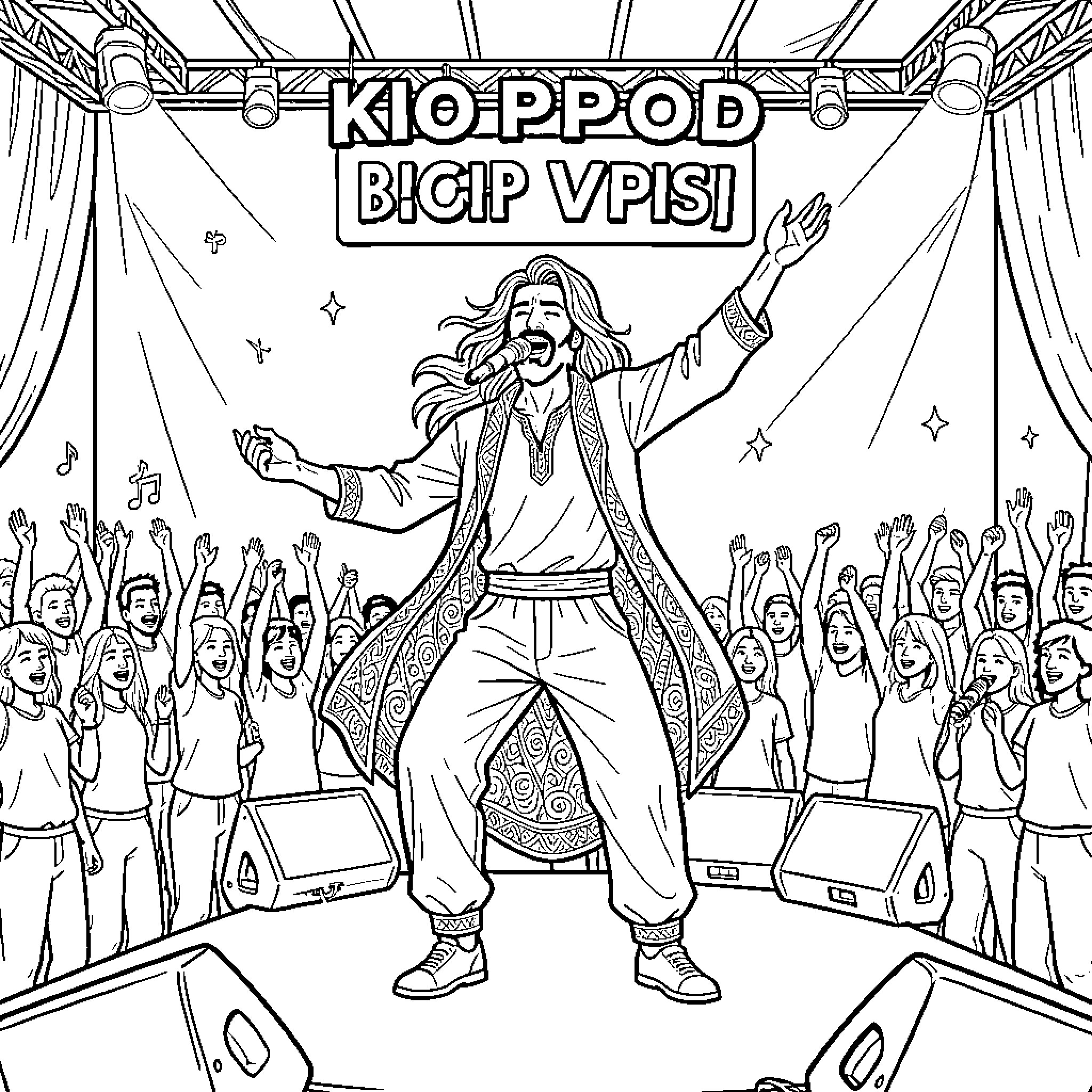 Rumi performing music for an enthusiastic crowd on stage Coloring Page (free black-and-white line drawing printable PDF for all, from beginners to advanced learners, including children, teens, adults, and seniors)