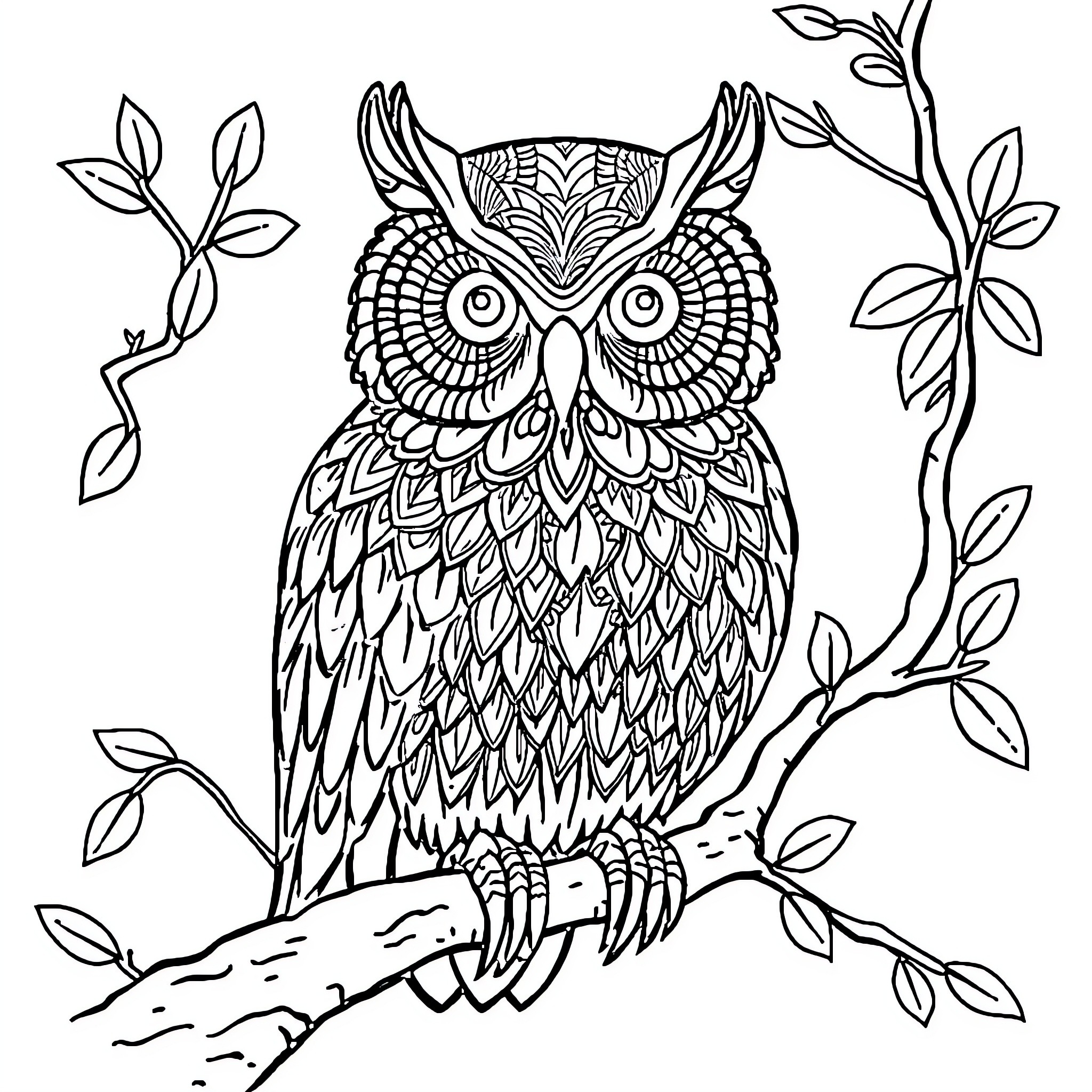 Owl perched in detailed foliage Coloring Page (free black-and-white line drawing printable PDF for all, from beginners to advanced learners, including children, teens, adults, and seniors)