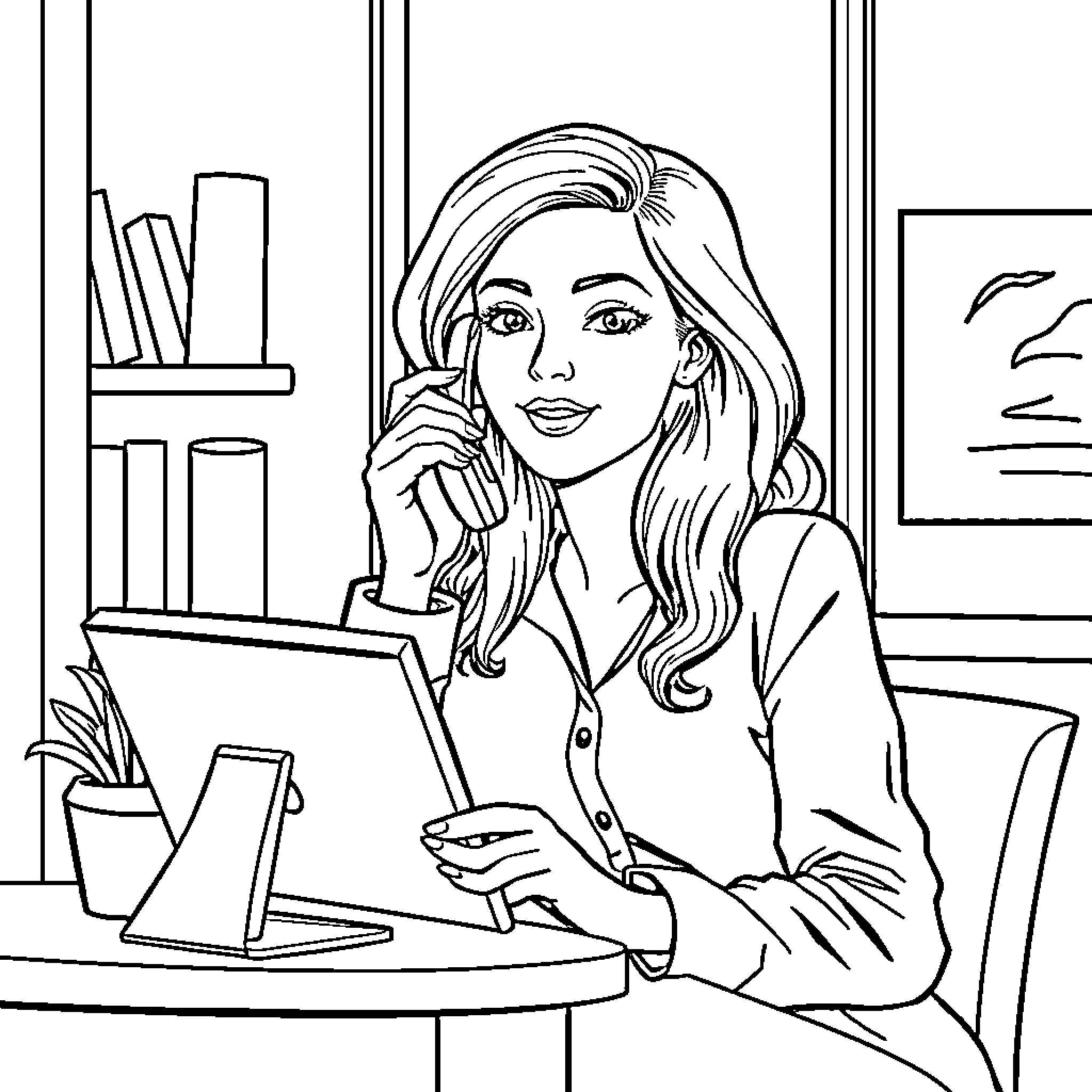 Housewife working diligently at her desk Coloring Page (free black-and-white line drawing printable PDF for all, from beginners to advanced learners, including children, teens, adults, and seniors)