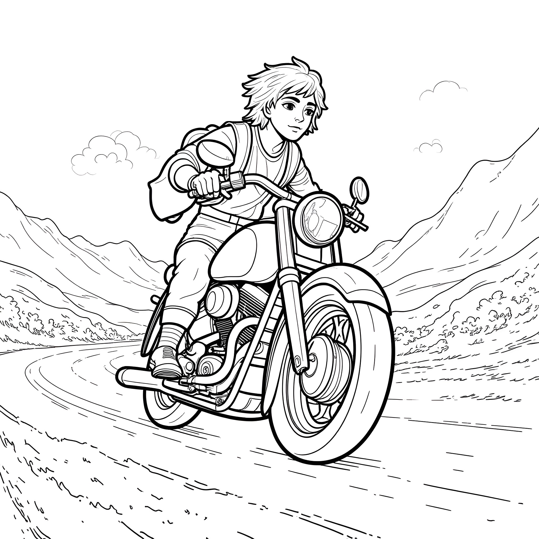 Frodo riding a motorcycle through the mountains Coloring Page (free black-and-white line drawing printable PDF for all, from beginners to advanced learners, including children, teens, adults, and seniors)