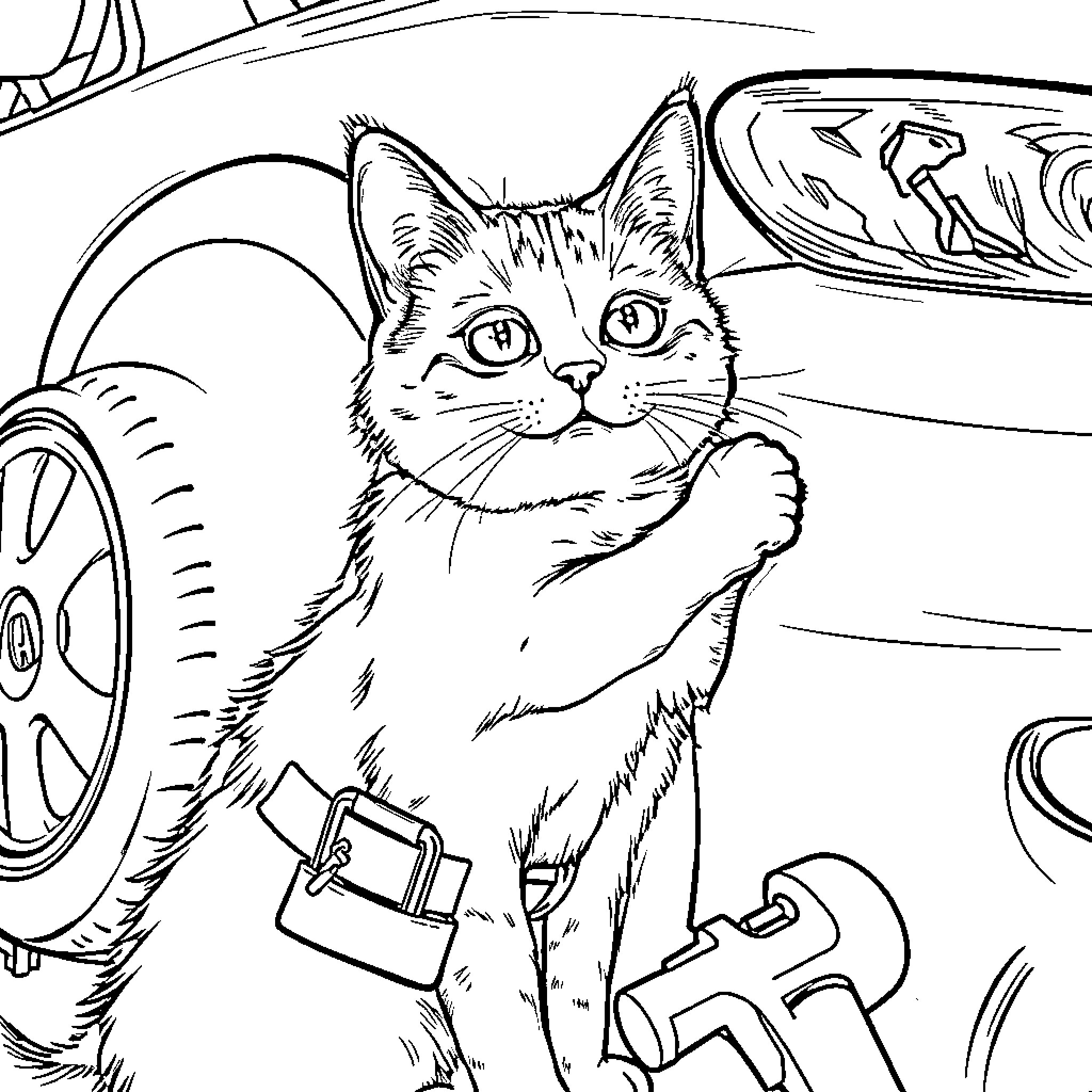 Cat Mechanic Fixing Car Tires Coloring Page (free black-and-white line drawing printable PDF for all, from beginners to advanced learners, including children, teens, adults, and seniors)