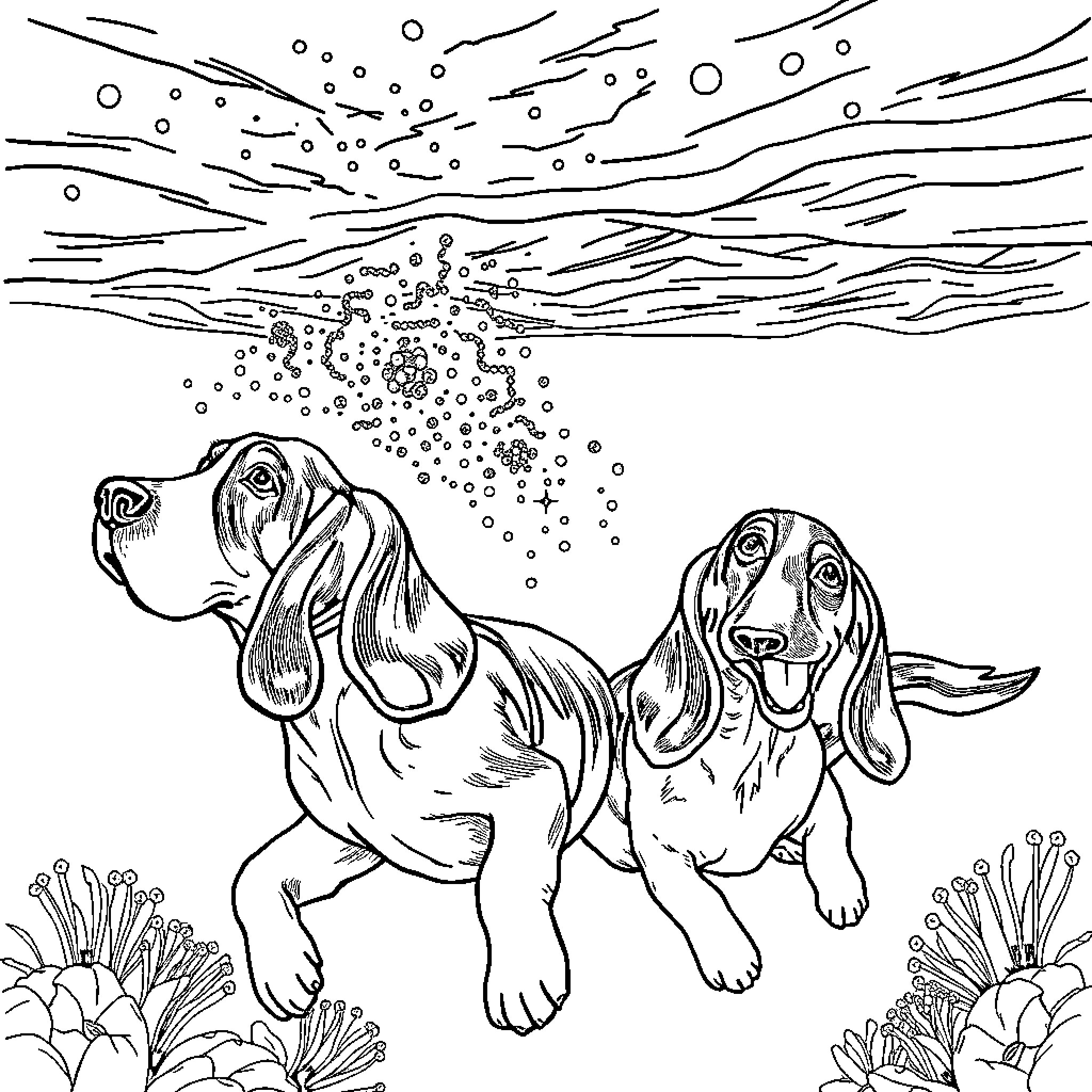 Basset Hound Playing in Water and Bubbles Coloring Page (free black-and-white line drawing printable PDF for all, from beginners to advanced learners, including children, teens, adults, and seniors)