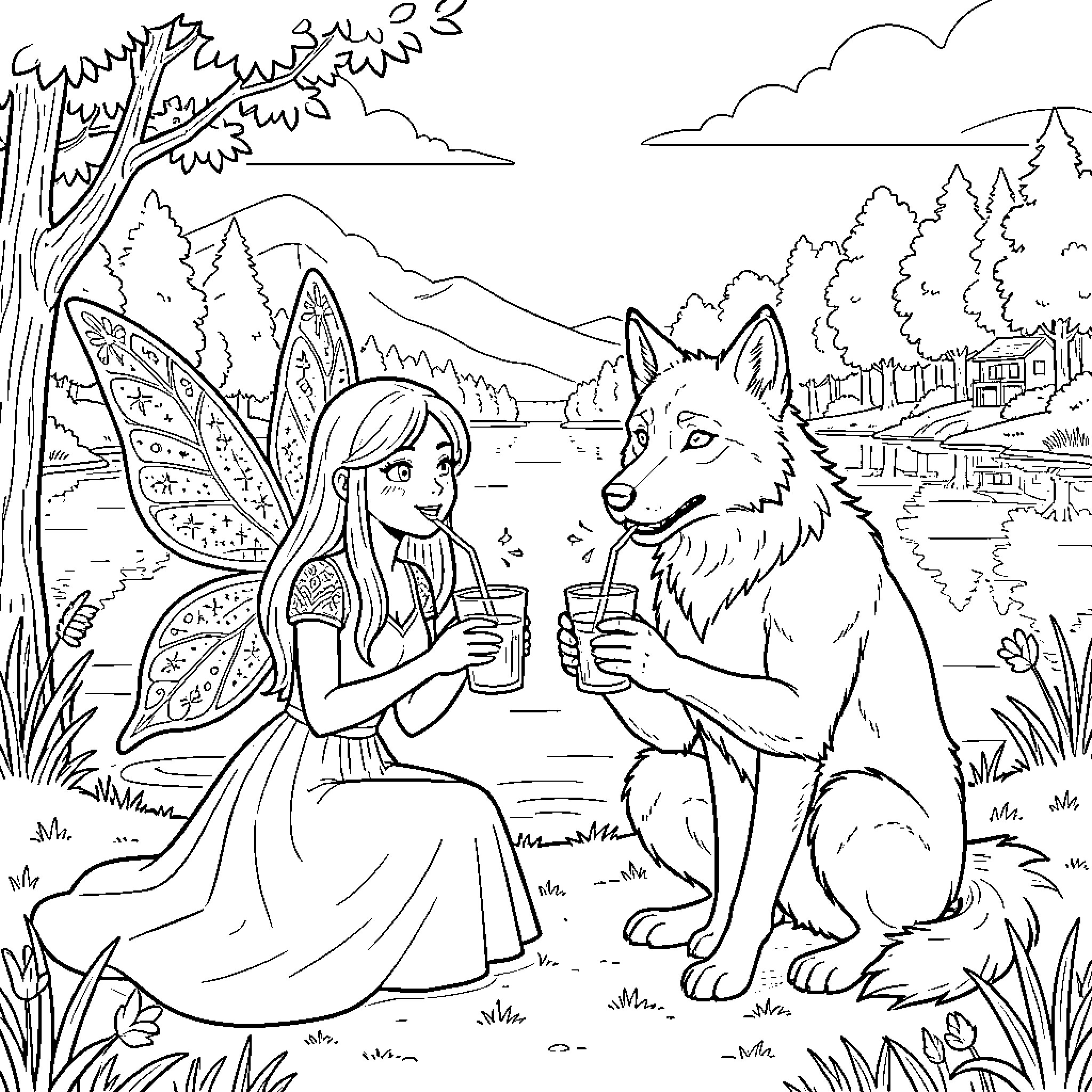 Fairy sharing drinks with a wolf by the lake Coloring Page (free black-and-white line drawing printable PDF for all, from beginners to advanced learners, including children, teens, adults, and seniors)